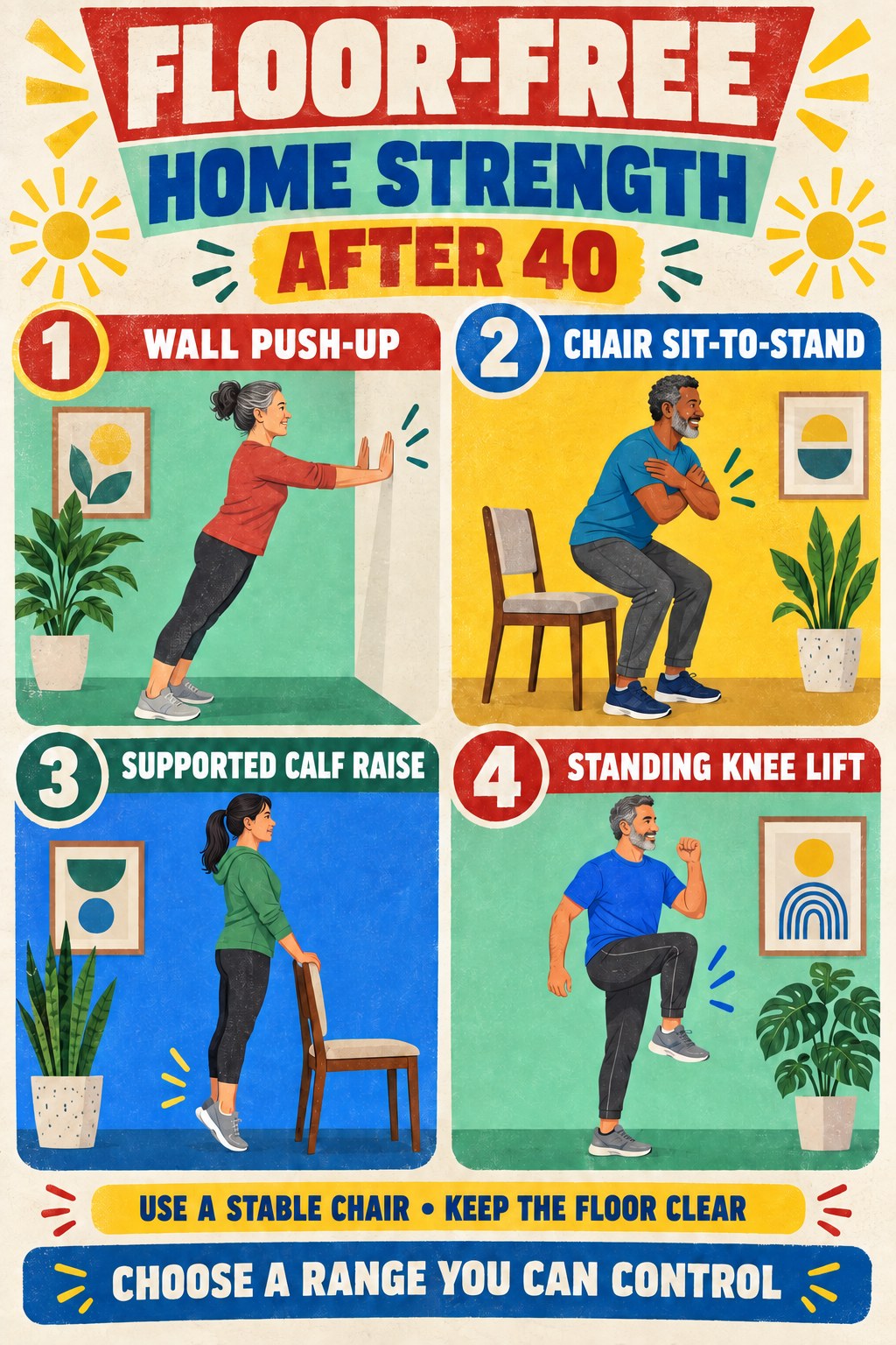 Retro infographic showing adults doing wall push-ups, chair sit-to-stands, calf raises, and standing knee lifts.