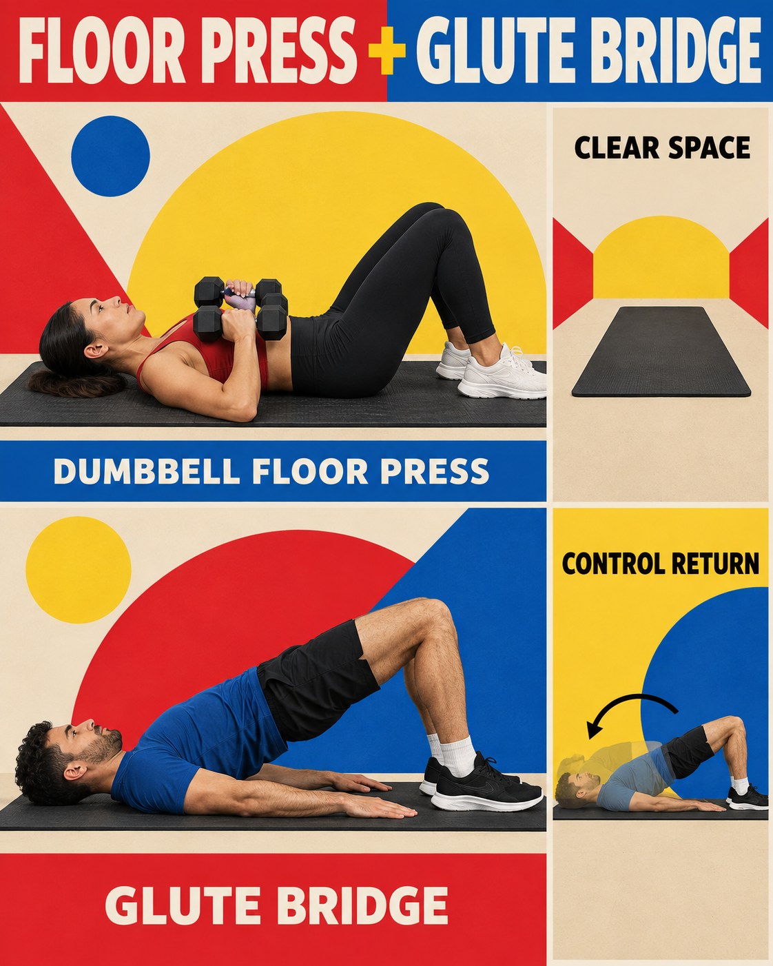 Red, blue, yellow, and beige Bauhaus infographic showing a floor press and bodyweight glute bridge.