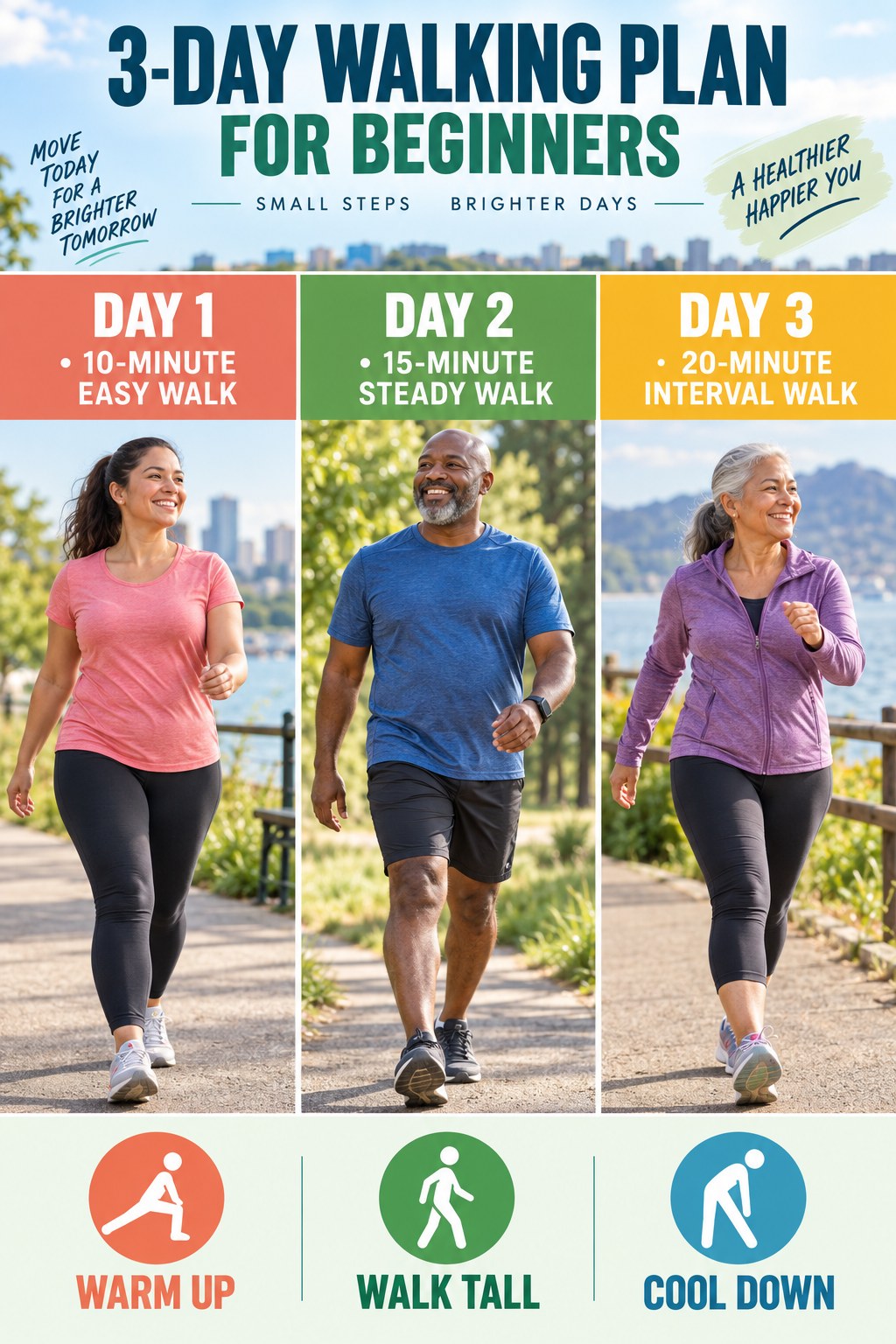 Portrait exercise infographic showing easy, steady, and interval walks.
