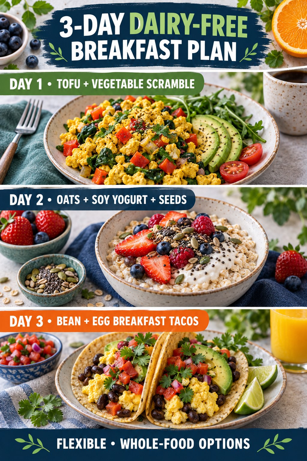 Three-day dairy-free breakfast plan with tofu scramble, oat bowl, and bean and egg tacos.