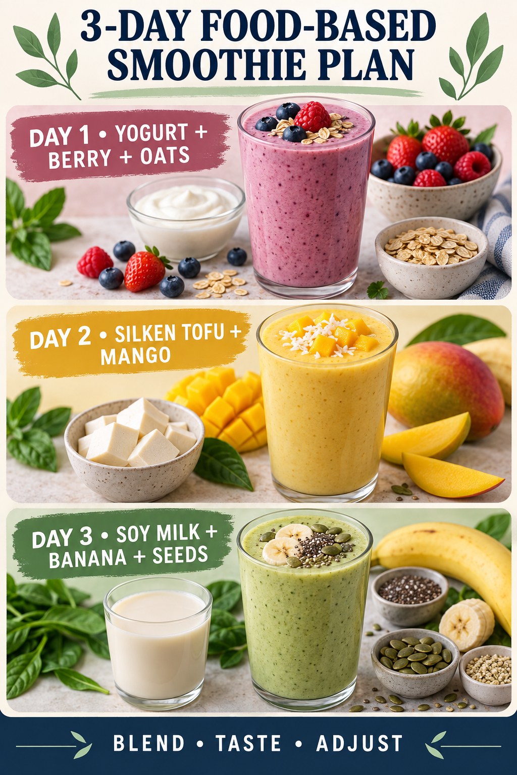Three food-based protein smoothies using yogurt, silken tofu, soy milk, fruit, oats, and seeds.