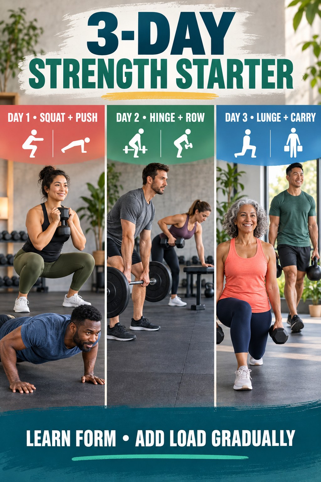 Portrait exercise infographic showing squat, push, hinge, row, lunge, and carry patterns.