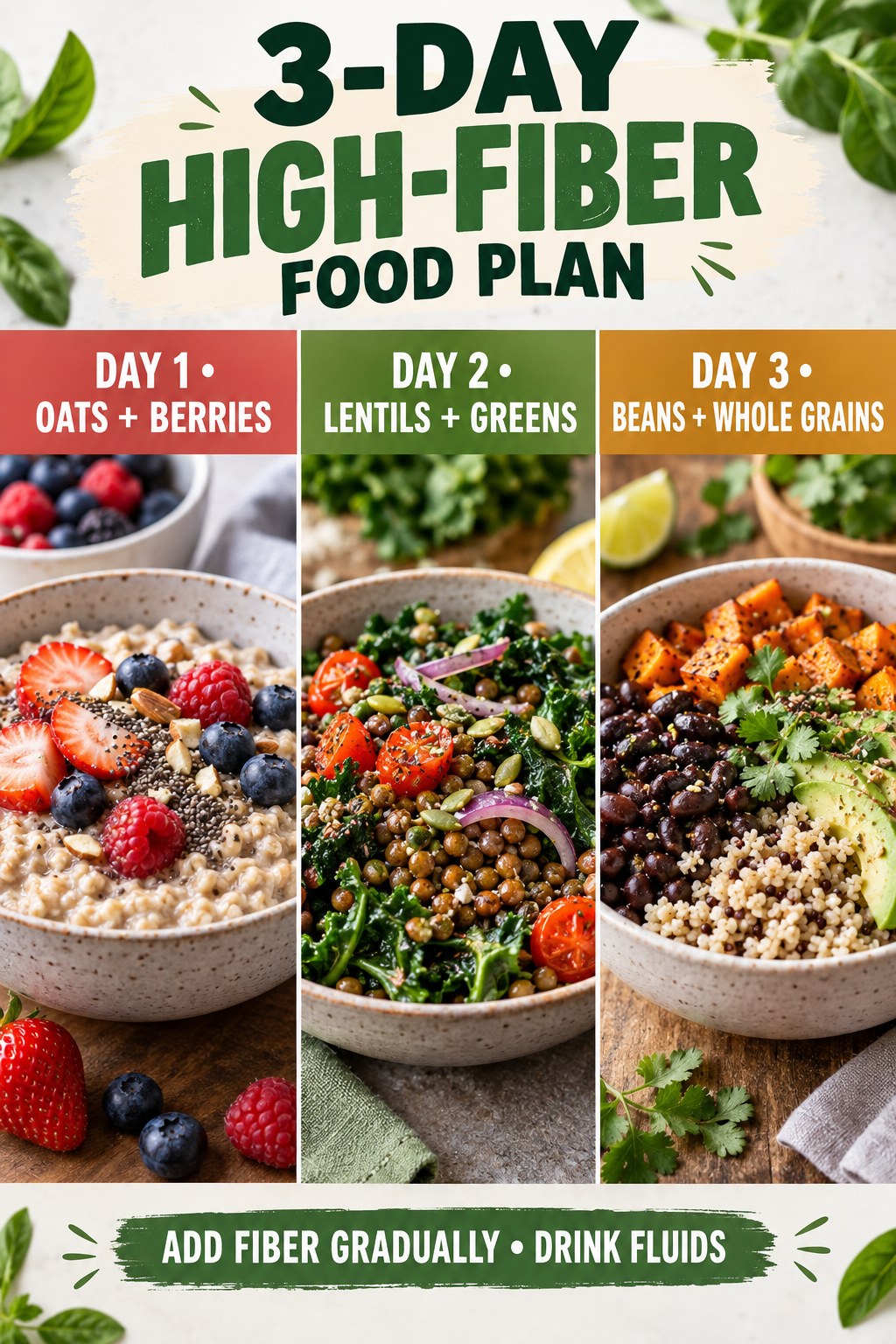 Three-day high-fiber food plan with oats and berries, lentils and greens, and beans with whole grains.