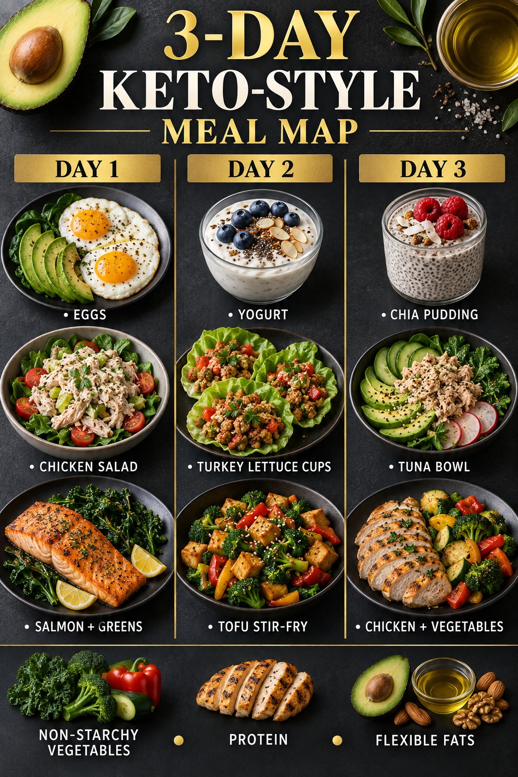 Three-day keto-style meal map with eggs, salads, fish, tofu, lettuce cups, chia pudding, and vegetables.