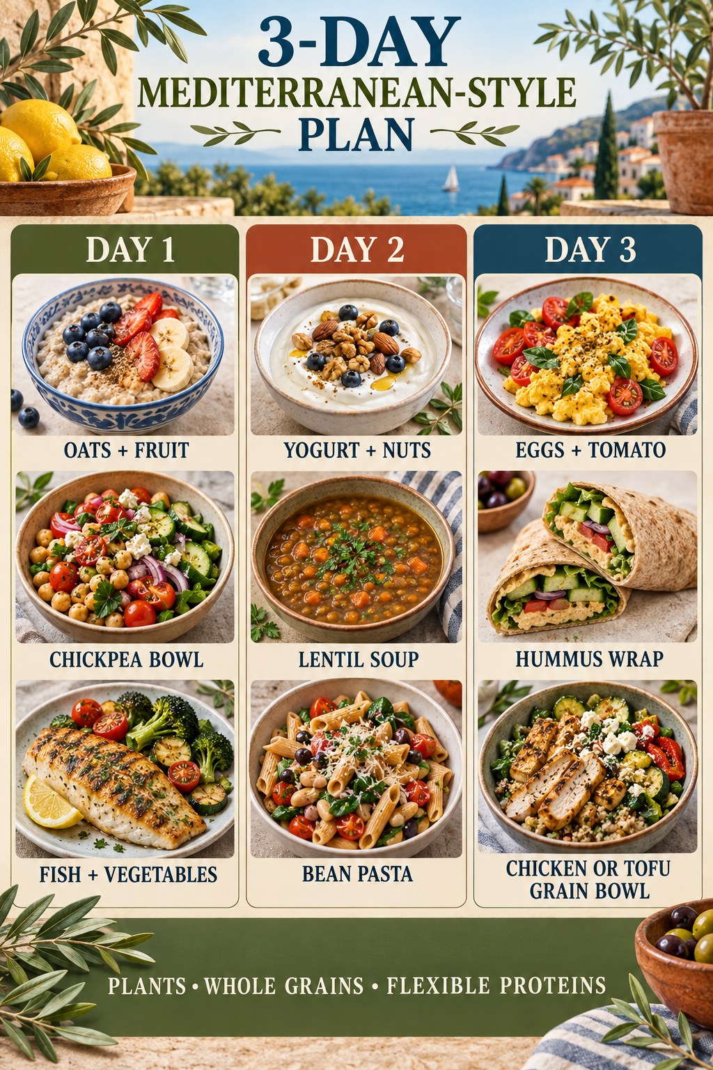 Three-day Mediterranean-style meal plan with oats, bowls, soup, wraps, fish, and vegetables.