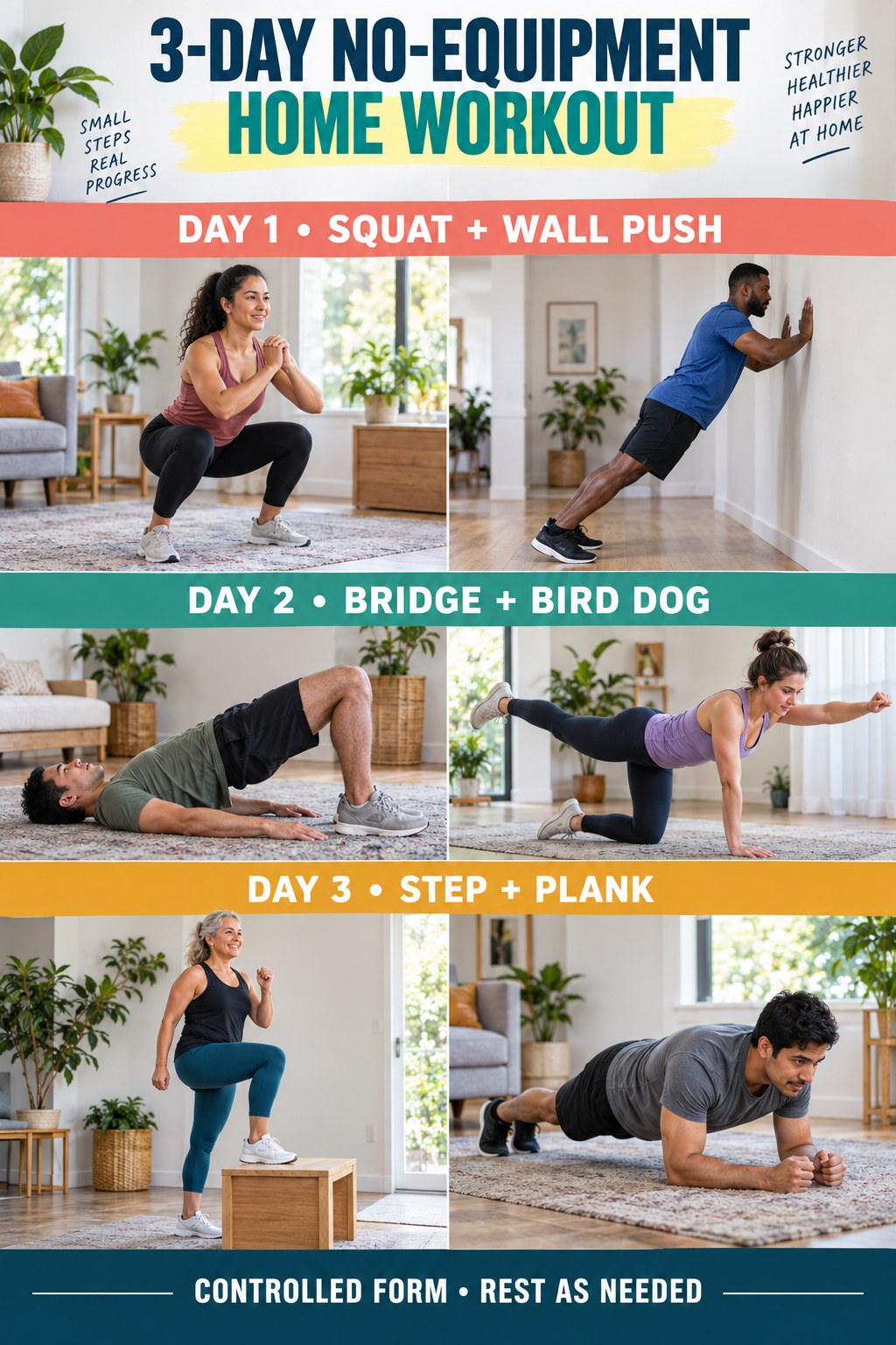 Portrait exercise infographic showing squats, wall pushes, bridges, bird dogs, steps, and planks.