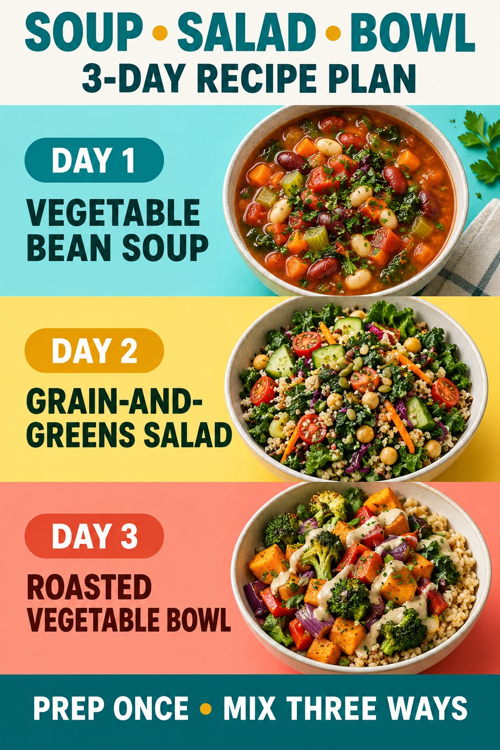 Three-section recipe plan infographic with vegetable bean soup, grain-and-greens salad, and a roasted vegetable bowl.