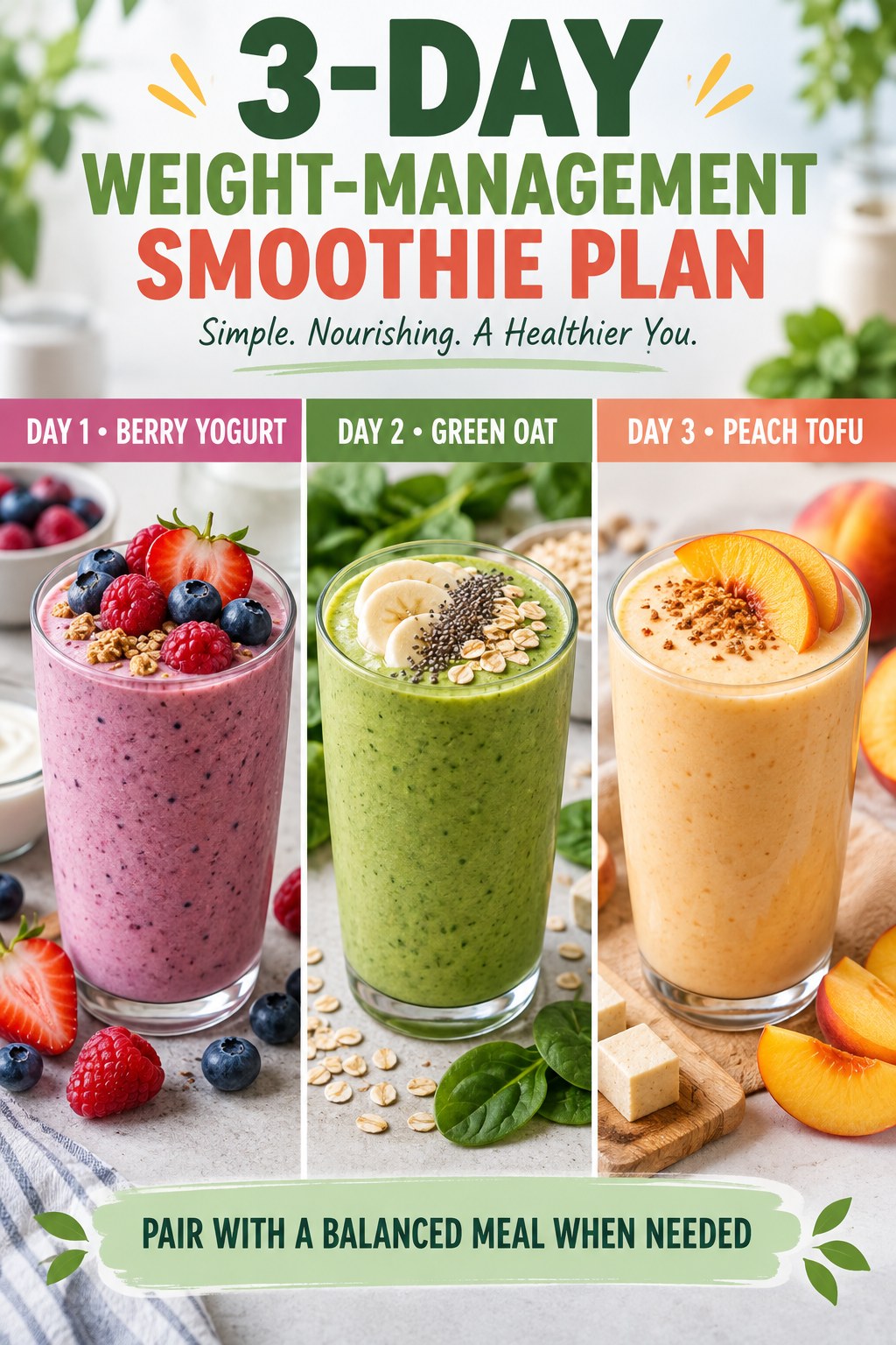 Three-day weight-management smoothie plan with berry yogurt, green oat, and peach tofu drinks.