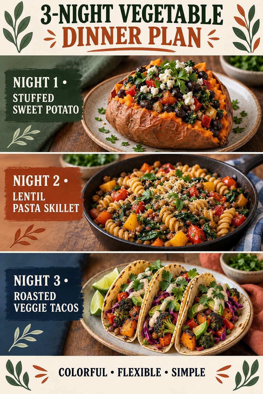 Three-night vegetable dinner plan with stuffed sweet potato, lentil pasta, and roasted vegetable tacos.
