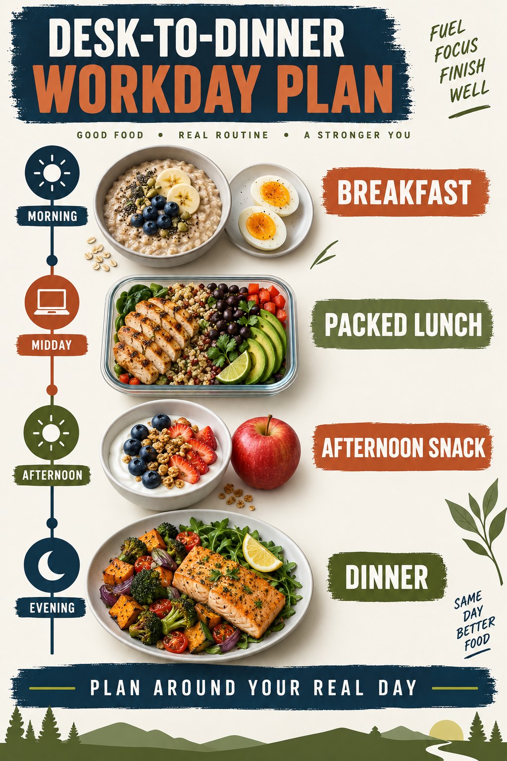 Navy and rust workday meal plan timeline with breakfast, packed lunch, afternoon snack, and dinner.