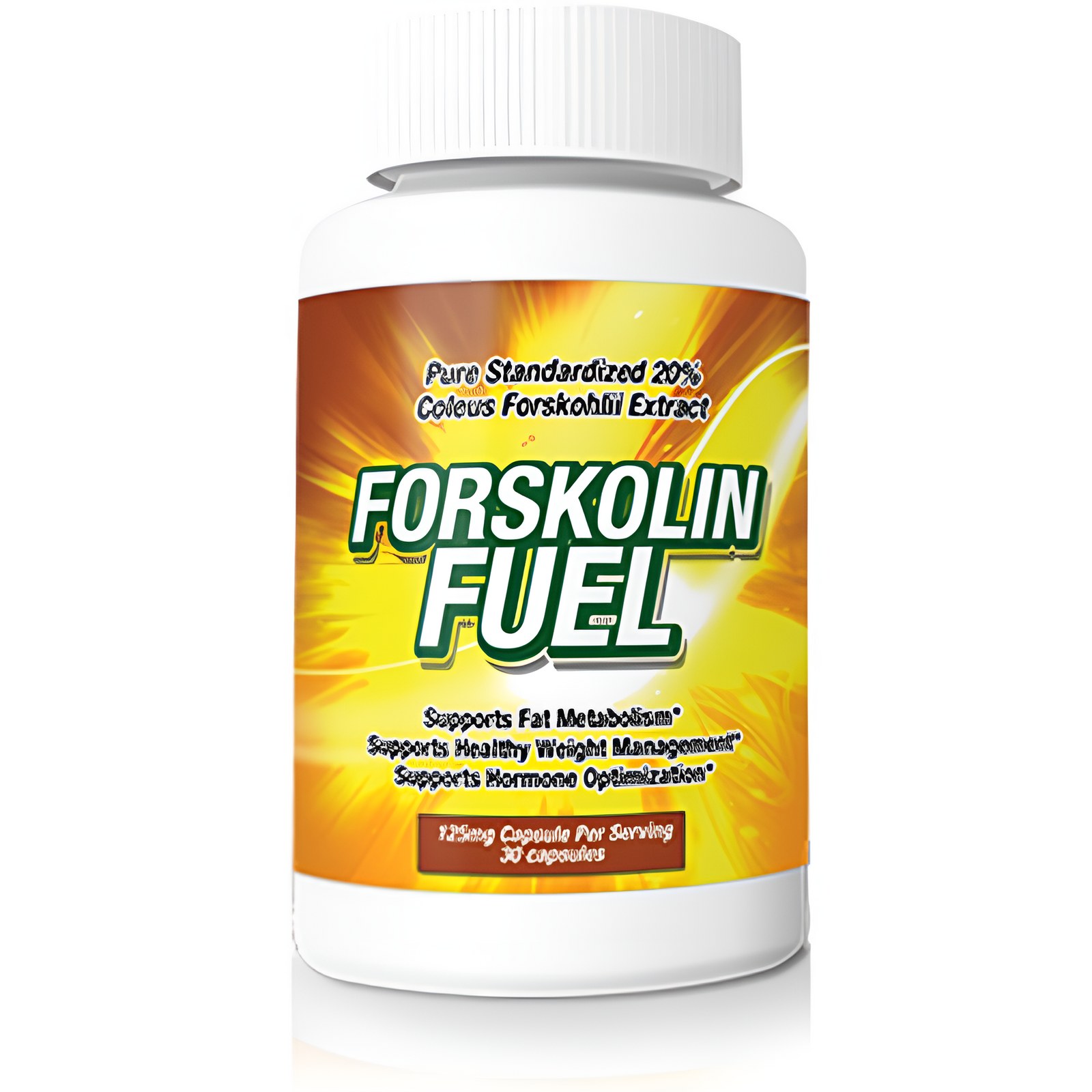 Forskolin Fuel supplement bottle with a white cap and yellow-orange label identifying Coleus forskohlii extract