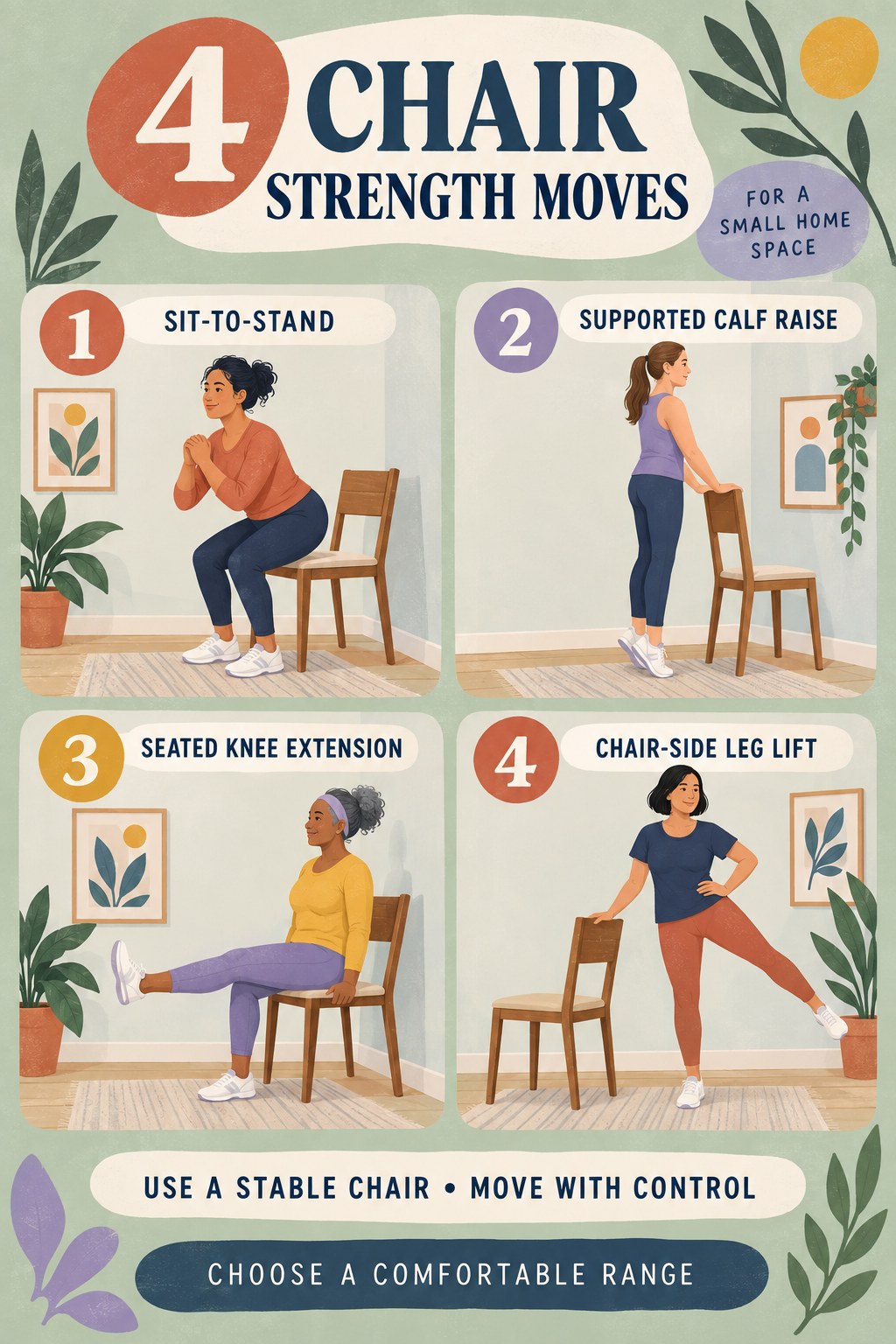 Illustrated women demonstrating sit-to-stand, calf raise, knee extension, and side leg lift using a sturdy chair.