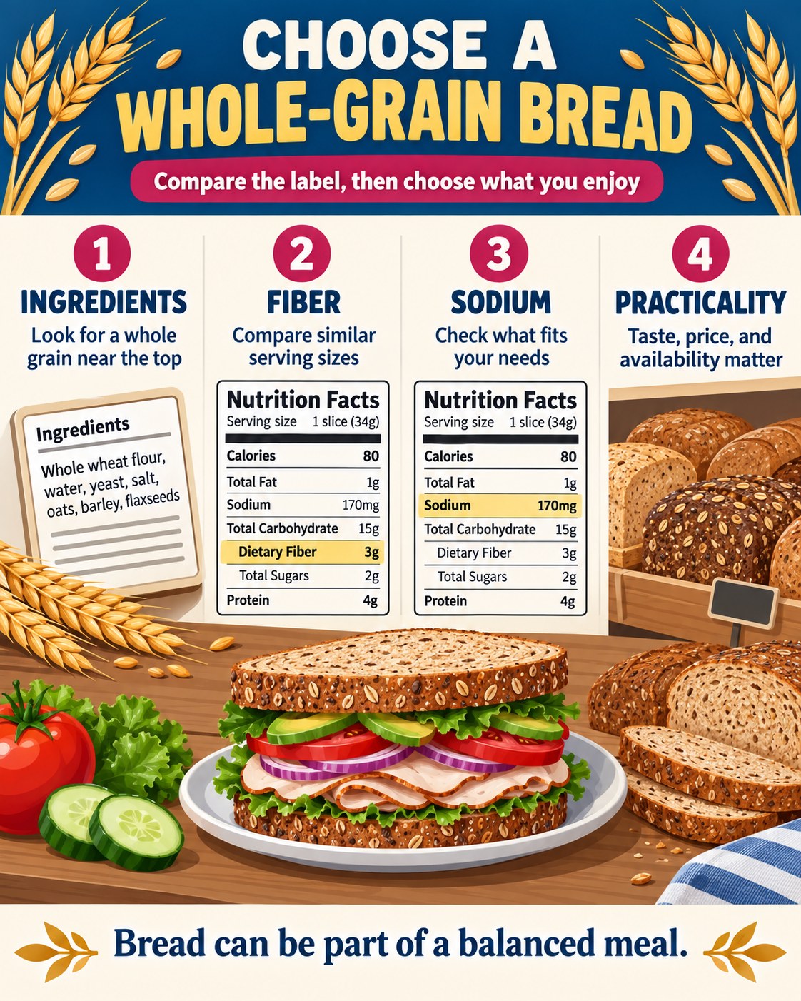 Blue, wheat-gold, raspberry, and cream infographic with four checks for choosing whole-grain bread: ingredients, fiber, sodium, and practicality.