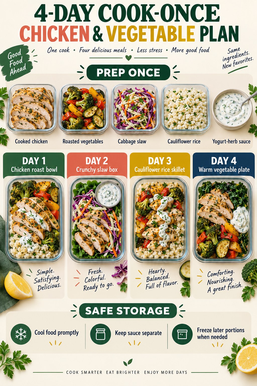 Four-day cook-once meal plan infographic with chicken, vegetables, slaw, cauliflower rice, sauce, and four meal boxes.