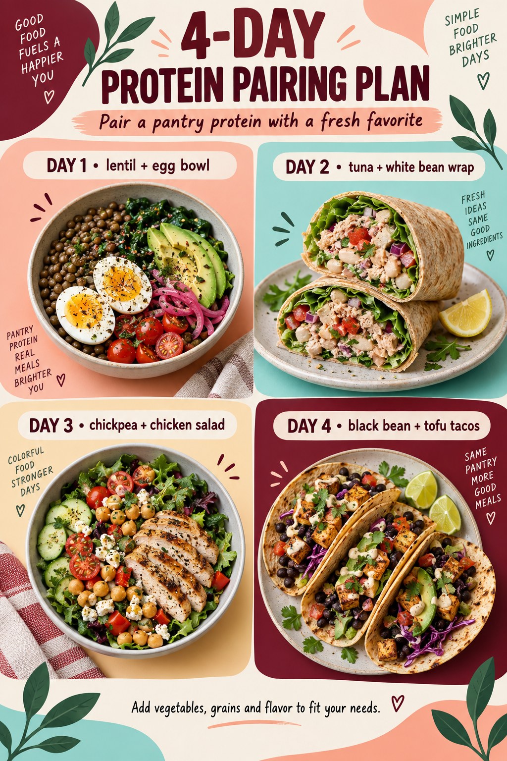 Four-day meal plan infographic with lentil egg bowl, tuna bean wrap, chicken chickpea salad, and tofu black bean tacos