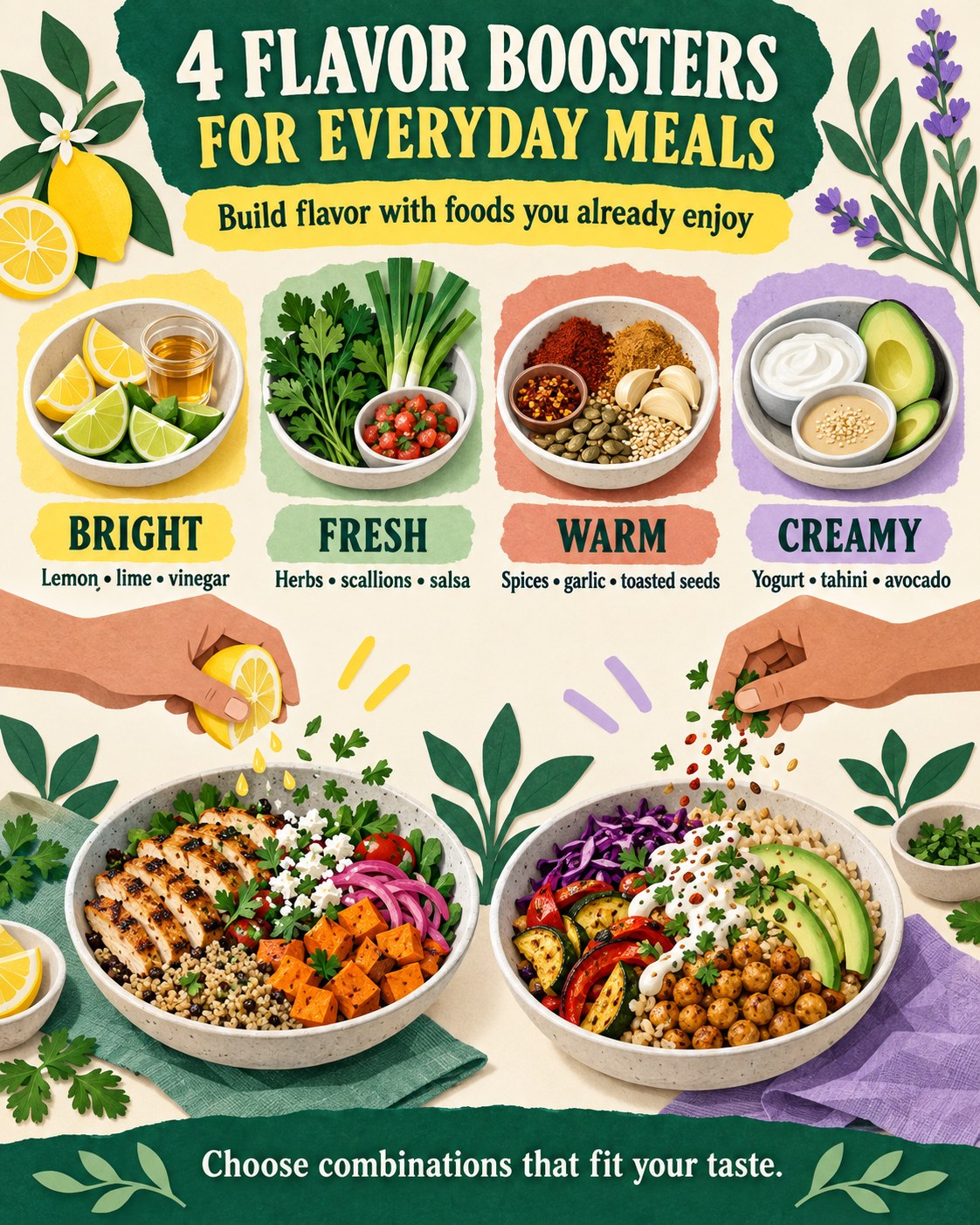 Emerald, yellow, terracotta, lavender, and cream infographic showing bright, fresh, warm, and creamy flavor boosters for everyday meals.