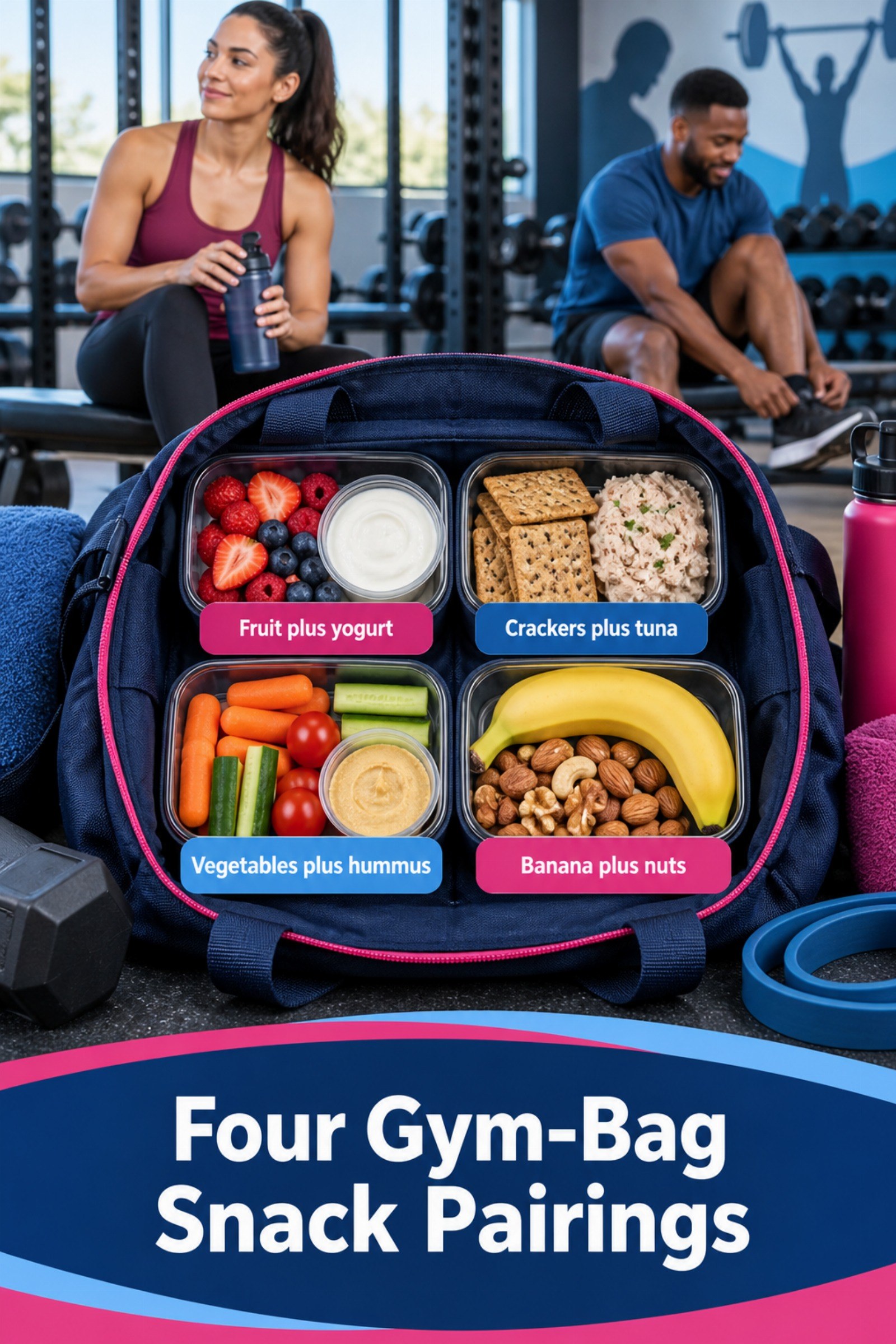 Flat-lay gym bag with four labeled snack compartments. The image supports Four Gym-Bag Snack Pairings.