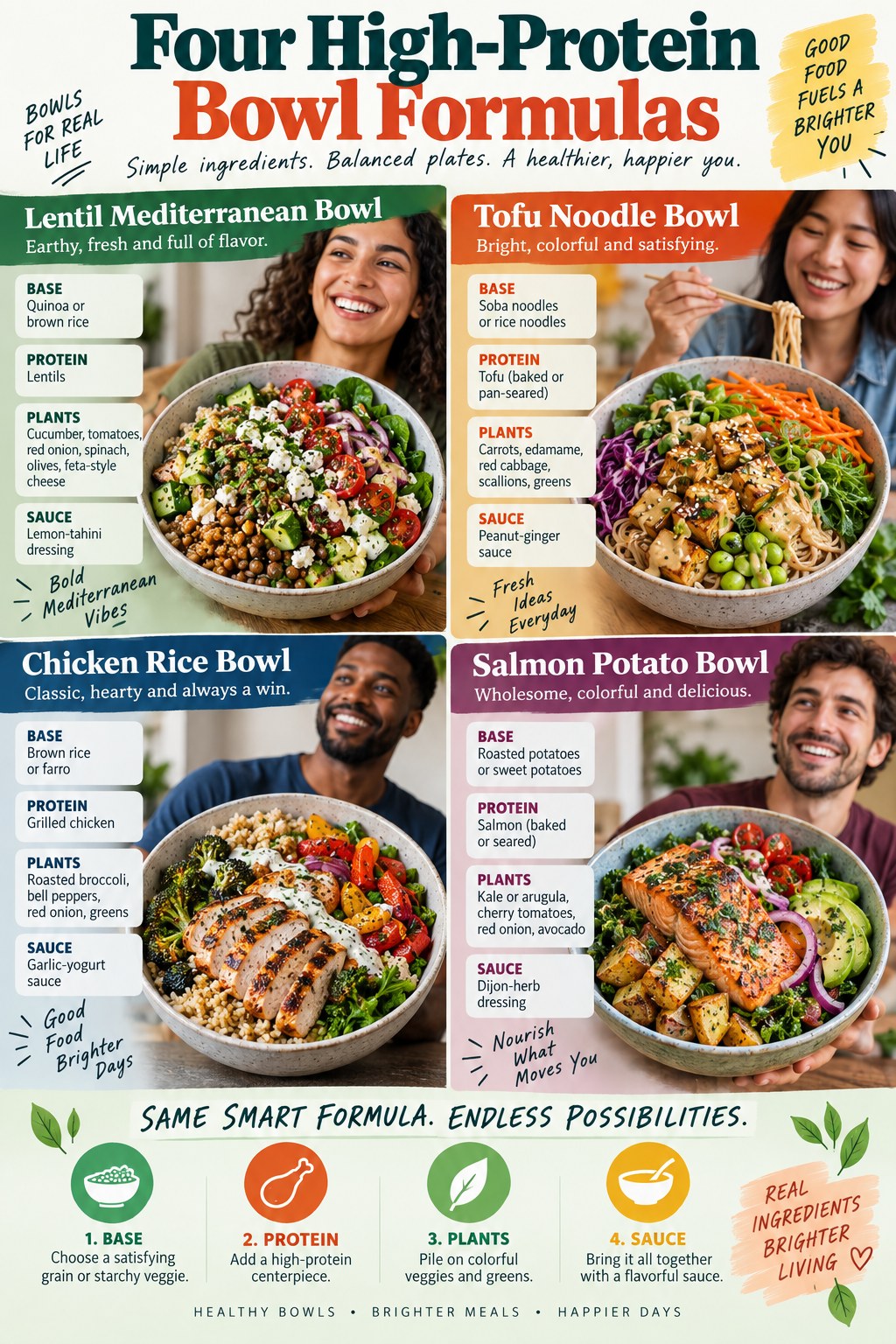 Portrait infographic showing four high-protein bowl formulas with lentils, tofu, chicken and salmon plus bases, vegetables and sauces.