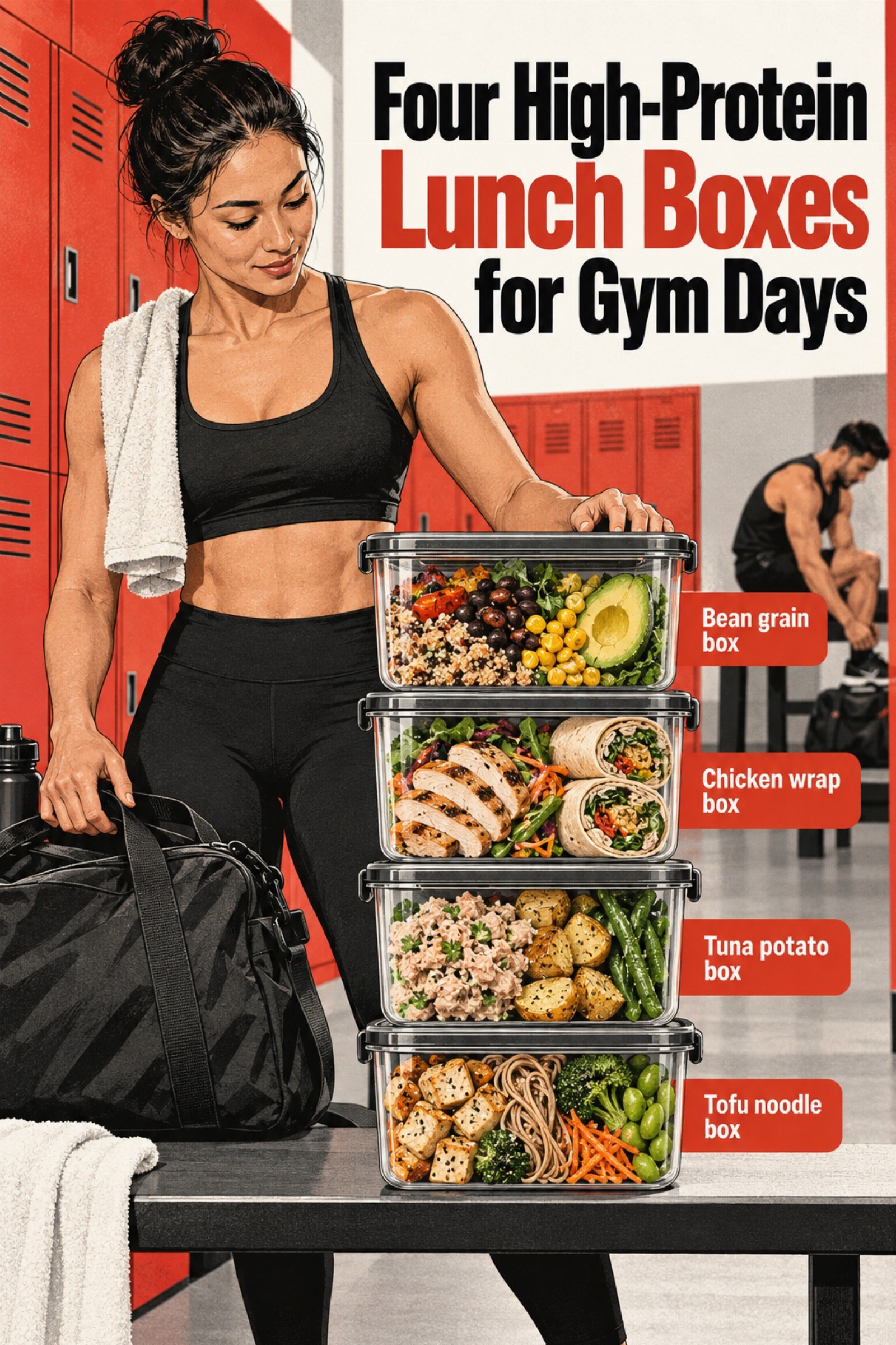 Stacked lunch-box cutaway with four distinct combinations. The image supports Four High-Protein Lunch Boxes for Gym Days.