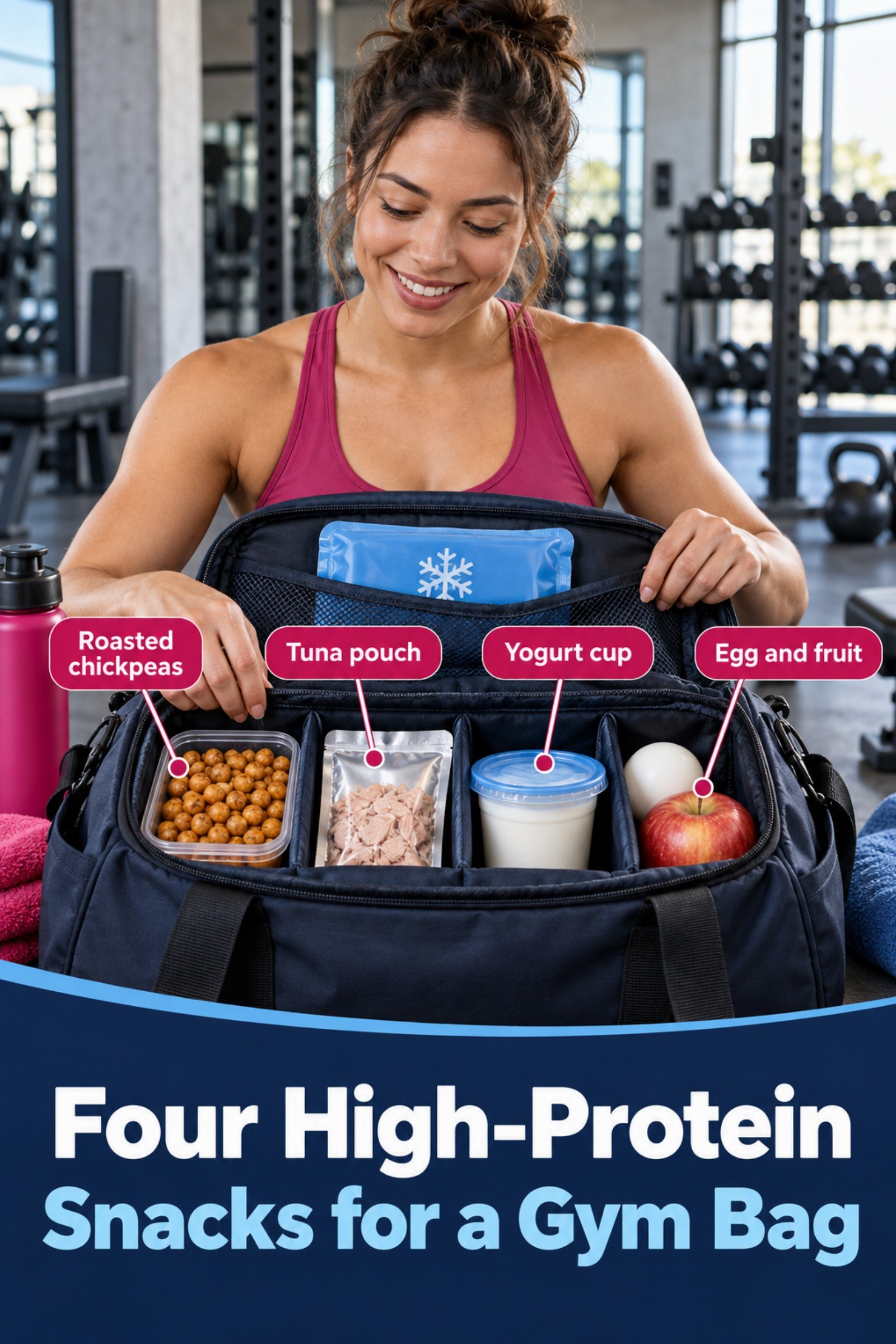 Gym-bag organizer with four snack compartments and a cold-pack icon. The image supports Four High-Protein Snacks for a Gym Bag.