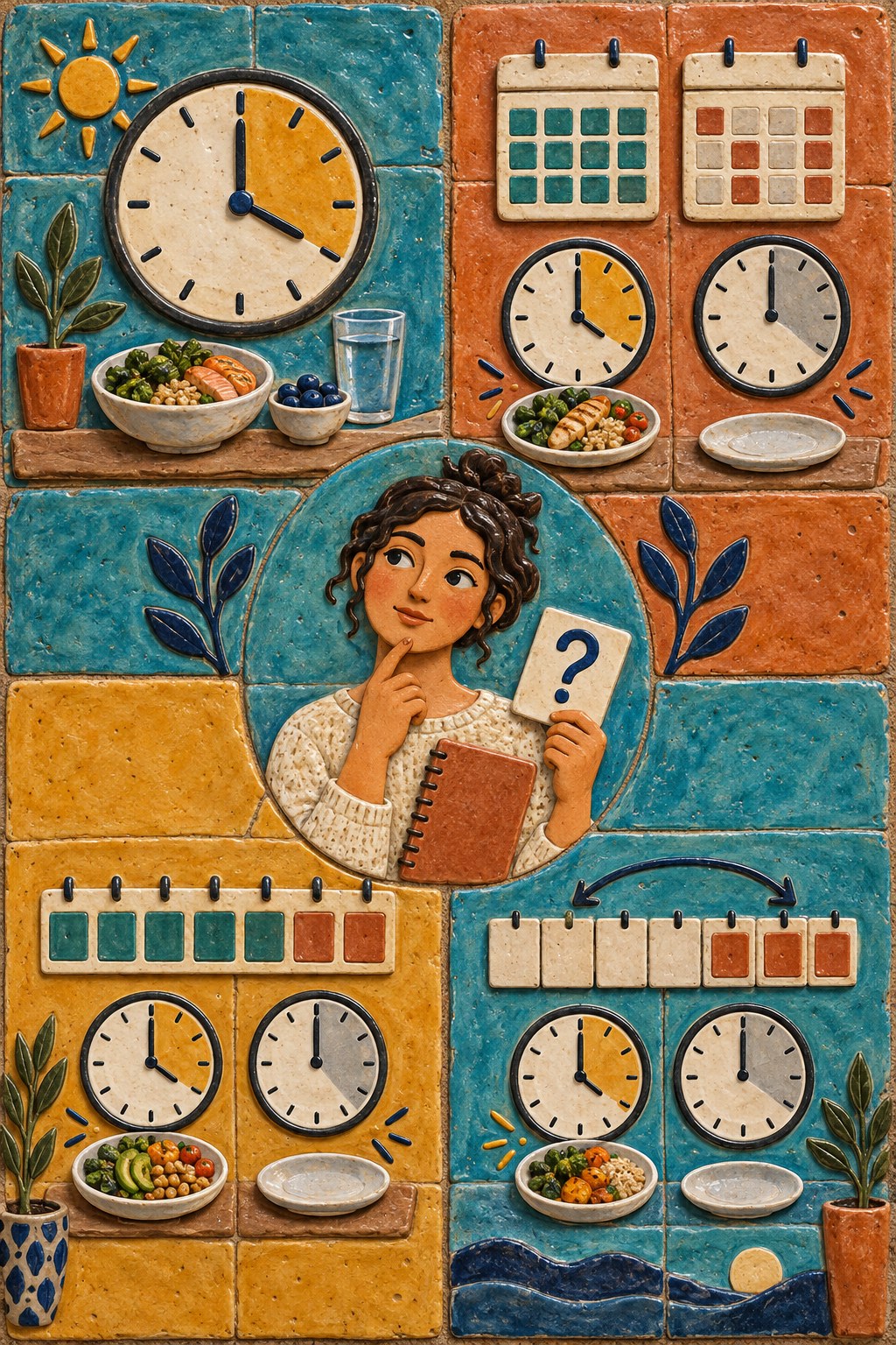 Ceramic-tile infographic with four different clock and calendar patterns around an adult comparing fasting terms.