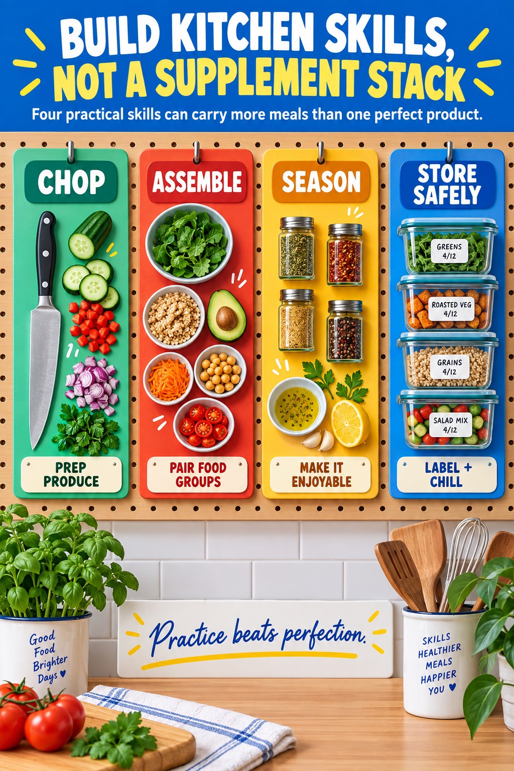 Cobalt, red, mint, and yellow kitchen pegboard infographic for chopping, assembling, seasoning, and storing food safely.