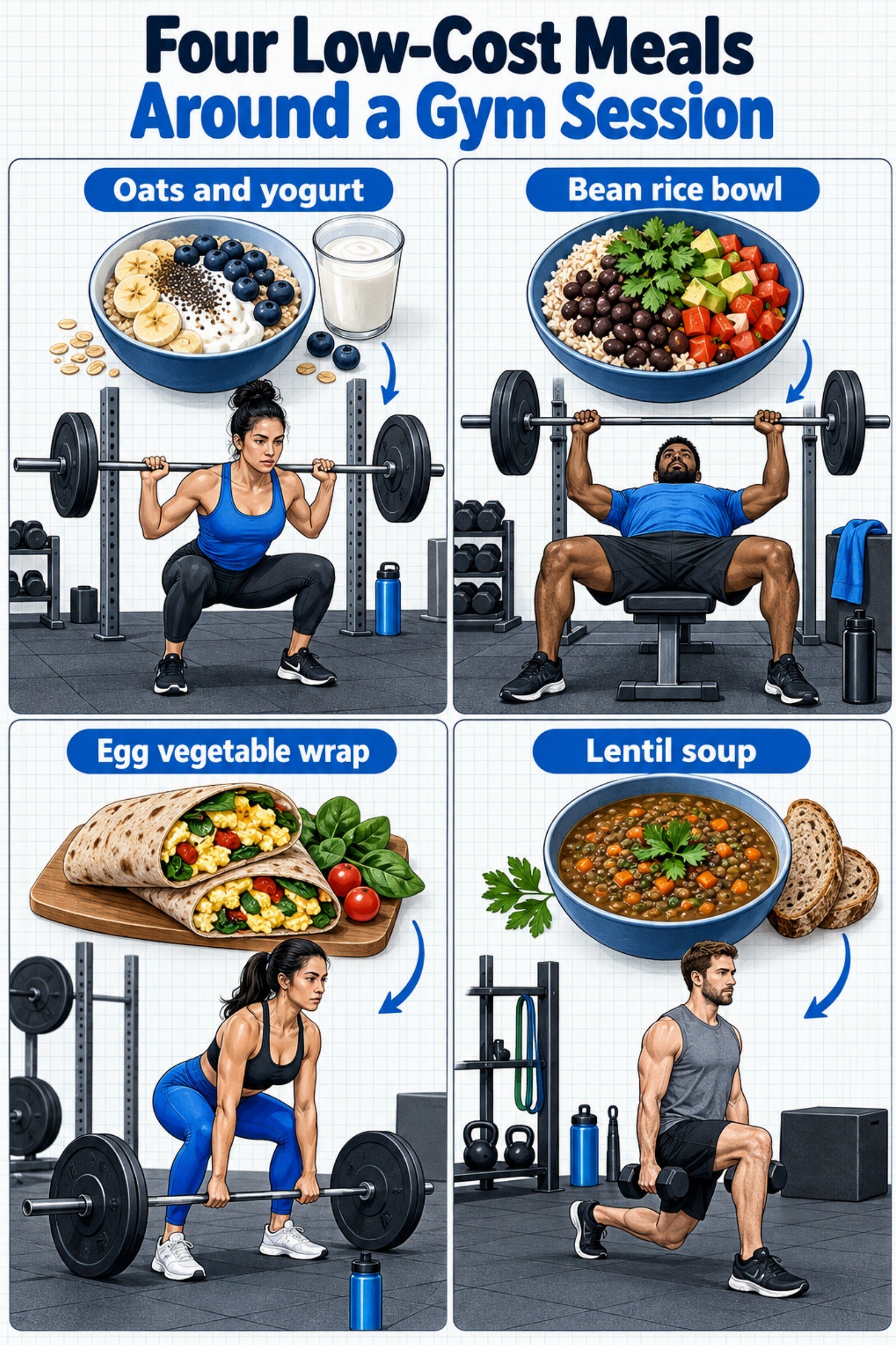 Four-panel kitchen-to-gym comic with inexpensive meals. The image supports Four Low-Cost Meals Around a Gym Session.