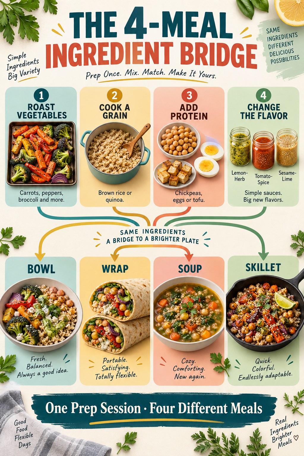 Portrait infographic showing vegetables, grain, protein, sauces, and four meals linked by shared ingredients.