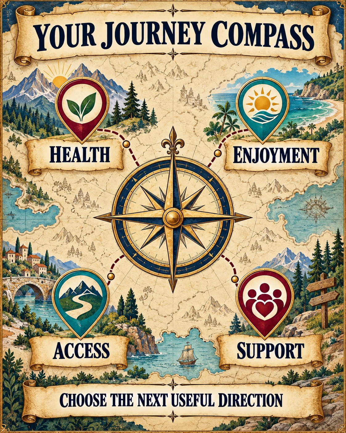 Parchment, navy, burgundy, turquoise, and gold journey compass infographic with four review points.