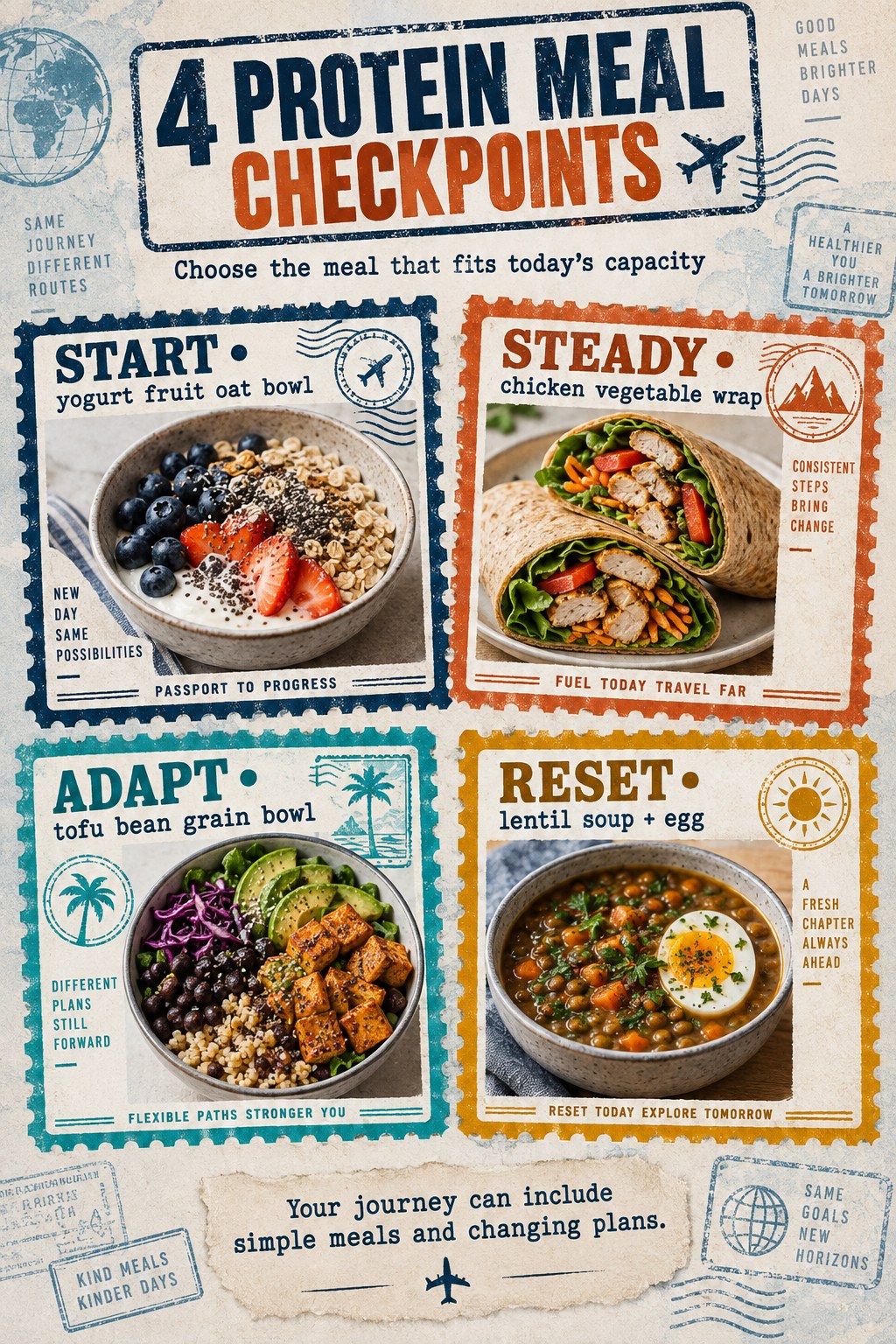 Passport-style infographic with yogurt oat bowl, chicken vegetable wrap, tofu bean bowl, and lentil soup with egg