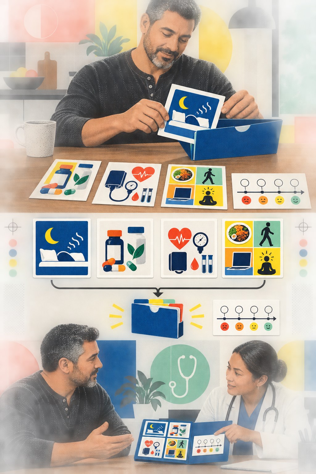 Swiss-style infographic showing a man sorting sleep, medicine, health, routine, and symptom cards before a clinician visit.