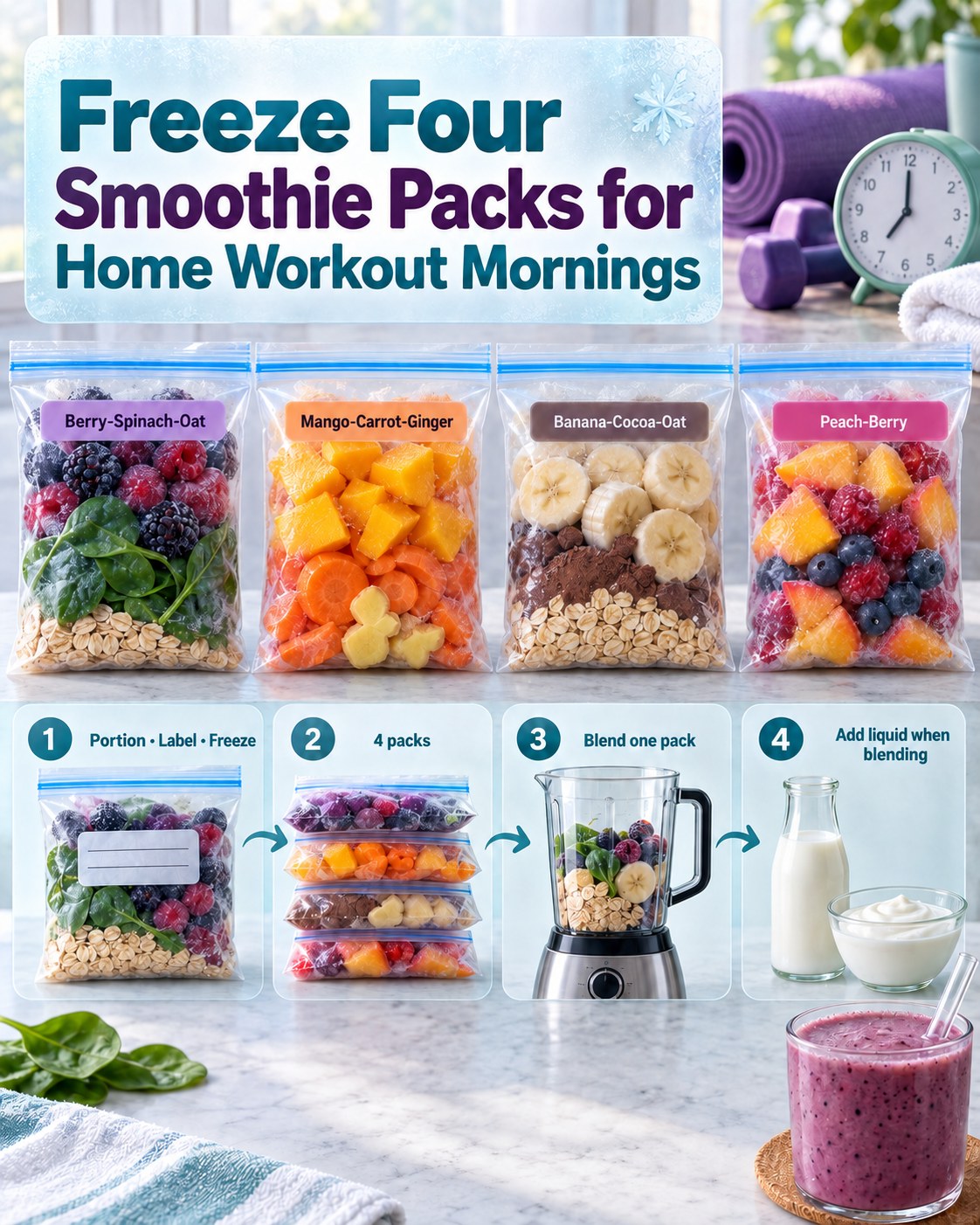 Frosted infographic showing four labeled smoothie freezer packs, a blender, liquid, yogurt, and morning workout items.