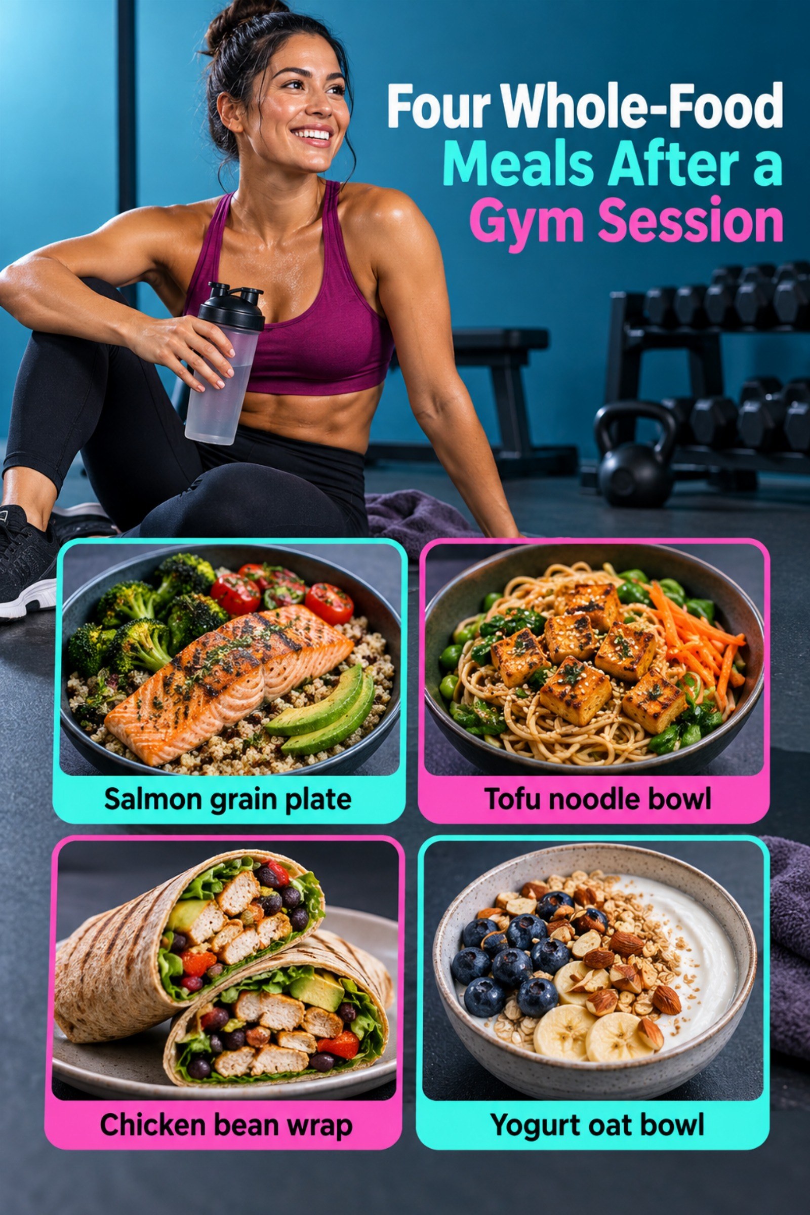 Four photographic meal cards with distinct cuisines and protein sources. The image supports Four Whole-Food Meals After a Gym Session.