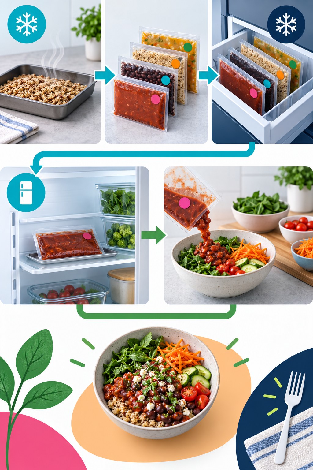 Vertical infographic showing cooked components cooled in a shallow pan, frozen in flat portions, thawed in a refrigerator, and added to a fresh bowl.