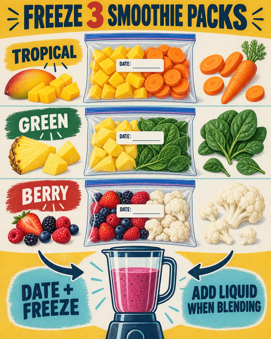 Mustard, navy, red, and turquoise infographic showing tropical, green, and berry smoothie packs with a blender.