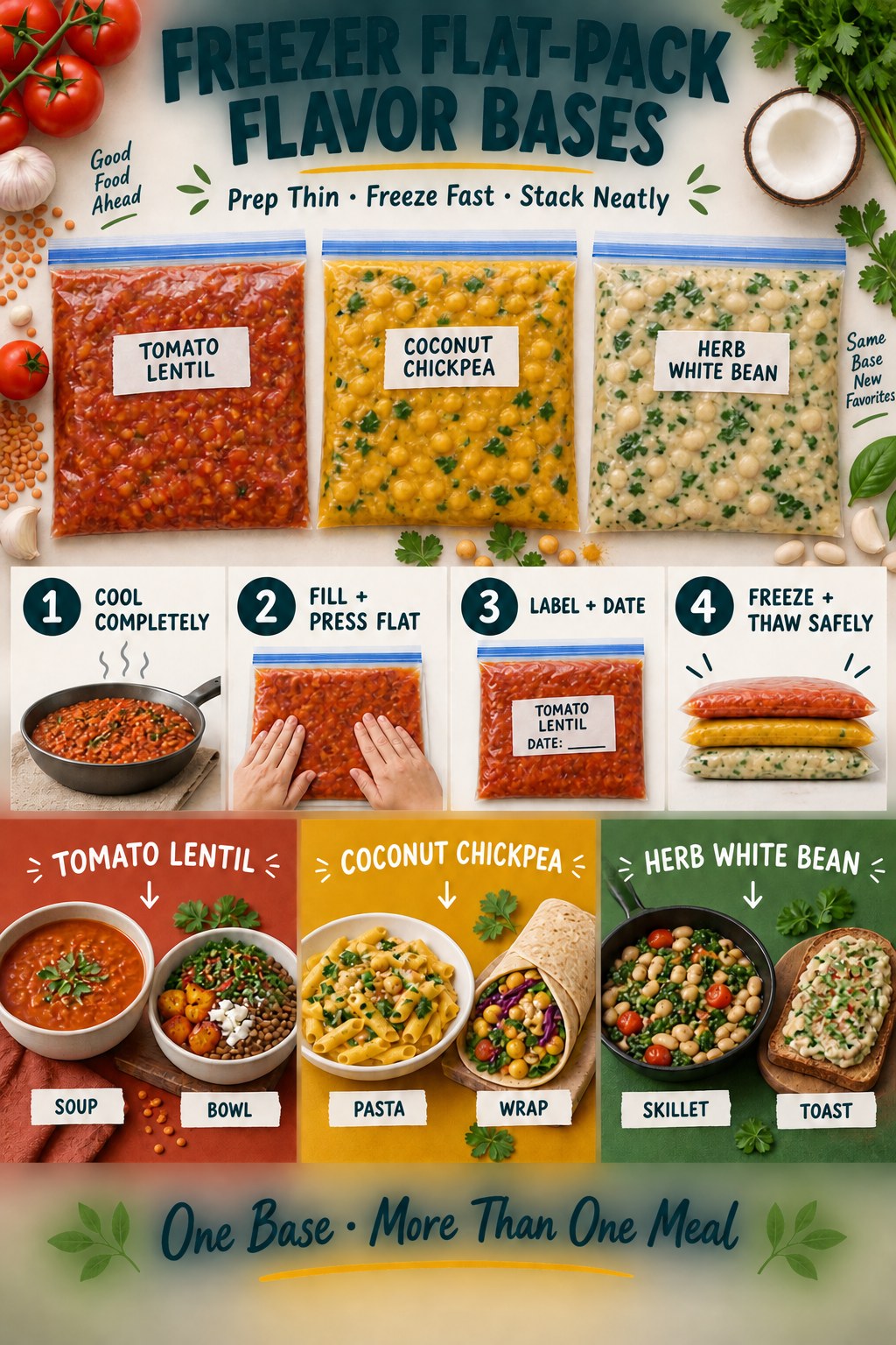 Portrait infographic showing three flat freezer flavor bases, safe packing steps, and six meal variations.