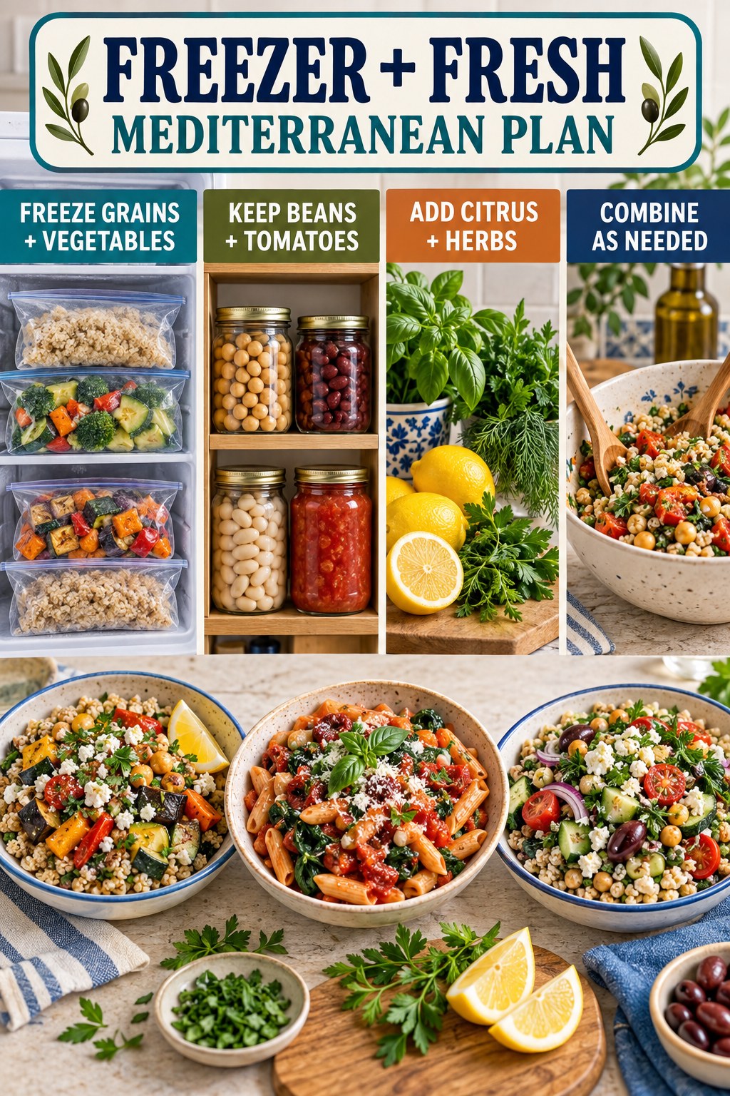 Freezer and fresh Mediterranean meal plan infographic with frozen grains and vegetables, pantry beans and tomatoes, citrus, herbs, and three meals.