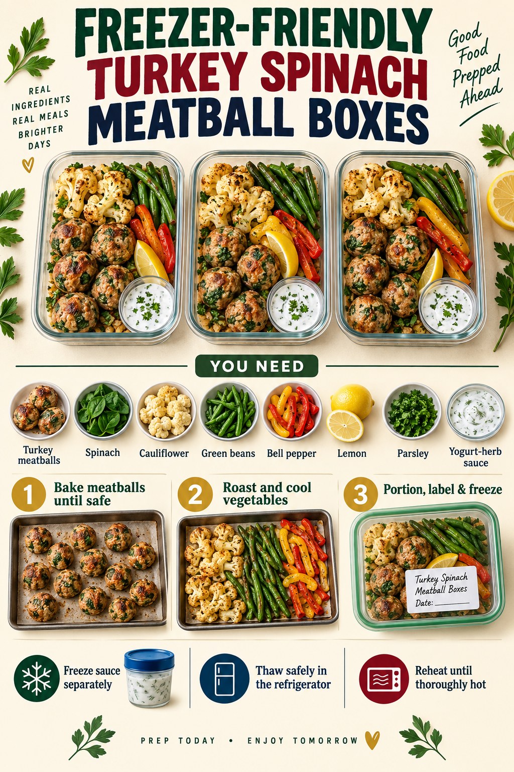 Turkey spinach meatball meal prep boxes with cauliflower, green beans, peppers, lemon, and yogurt-herb sauce.