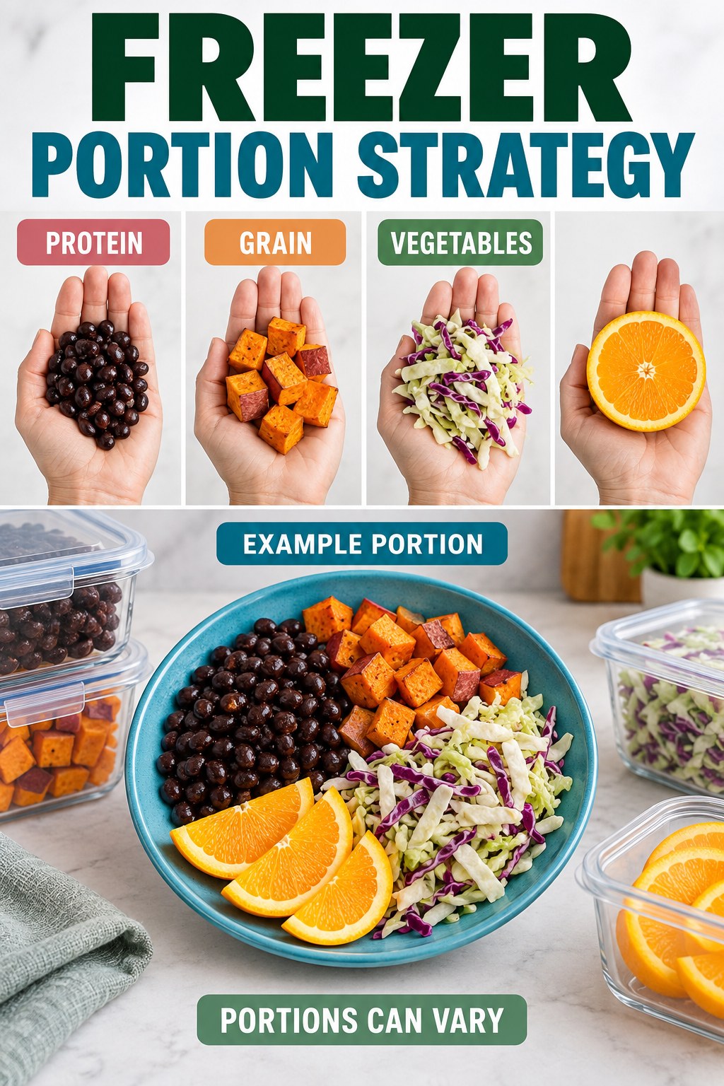 Freezer Portion Strategy visual using black beans, sweet potato, cabbage, and orange as flexible example portions for Weight Loss Meal Prep.
