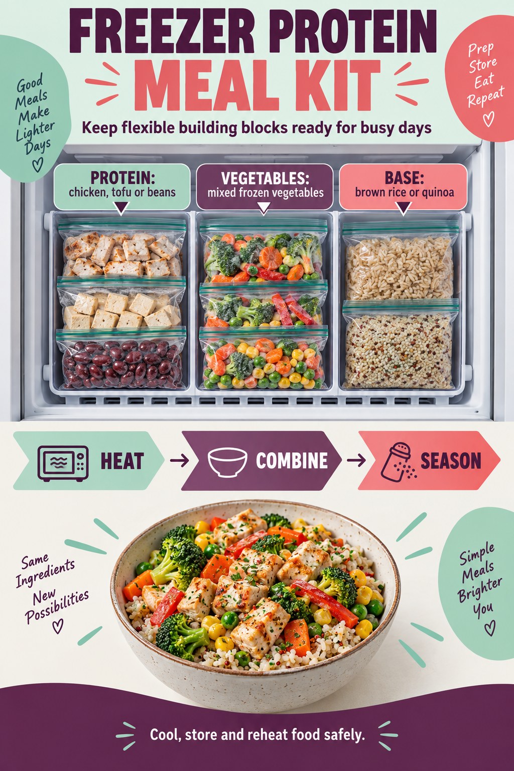Freezer meal kit infographic with chicken, tofu, beans, mixed vegetables, brown rice, quinoa, and a finished bowl