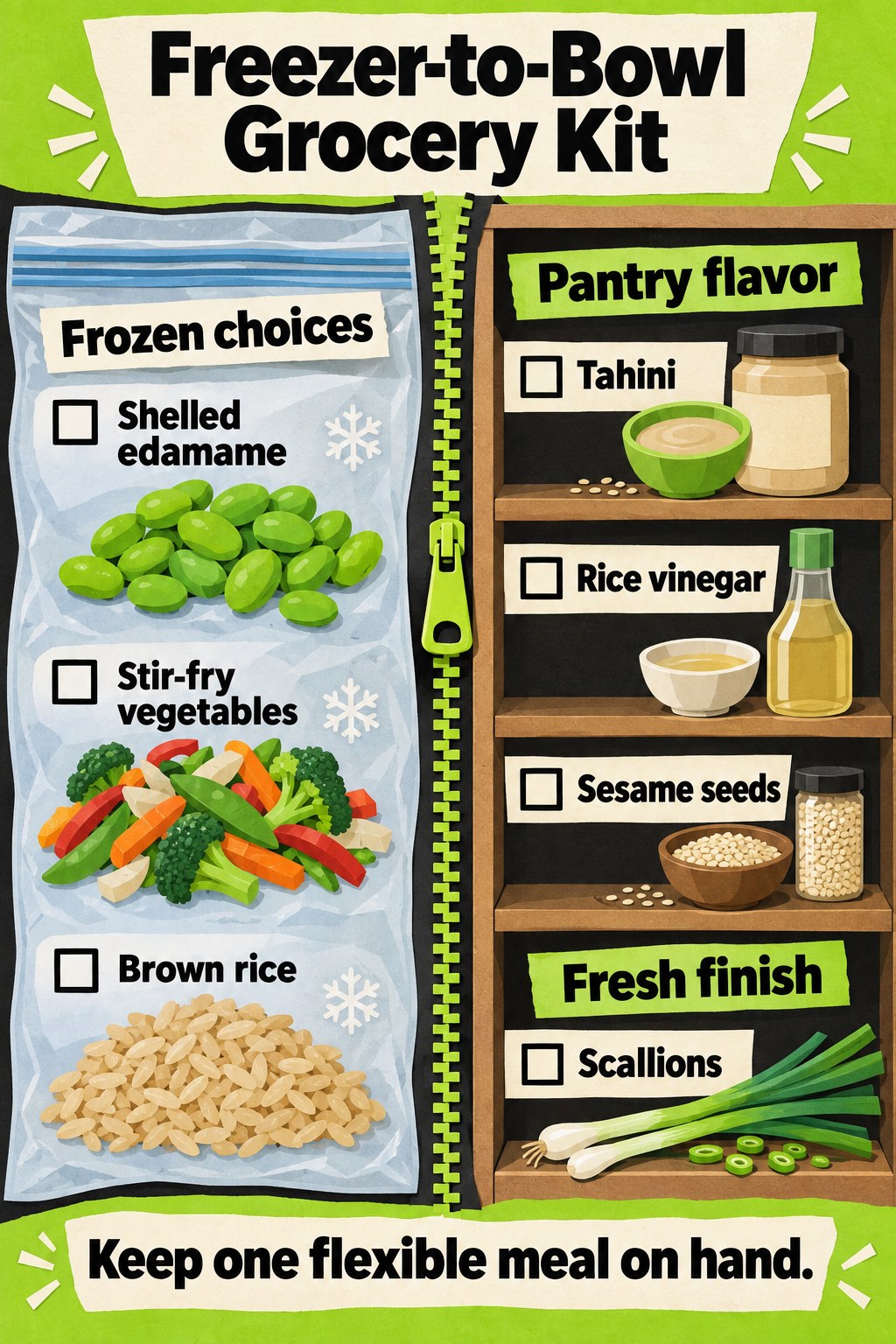 Lime green freezer and pantry checklist with edamame, stir-fry vegetables, brown rice, tahini, vinegar, sesame and scallions.