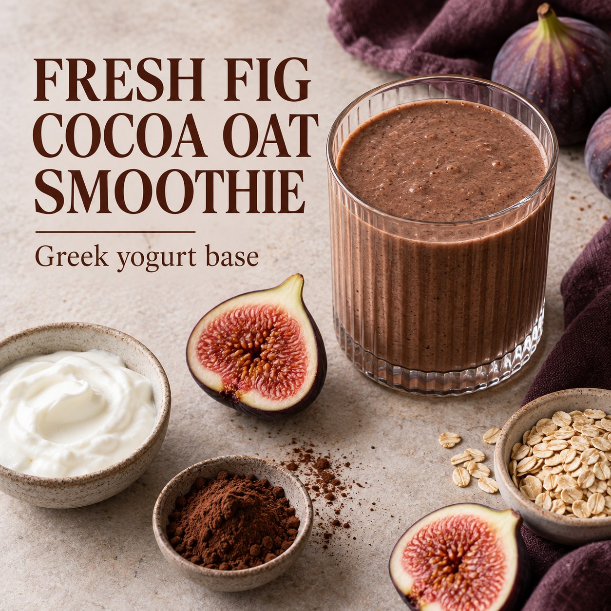 Chocolate-colored fig oat smoothie beside halved fresh figs, cocoa, and oats, with Fresh Fig Cocoa Oat Smoothie text.