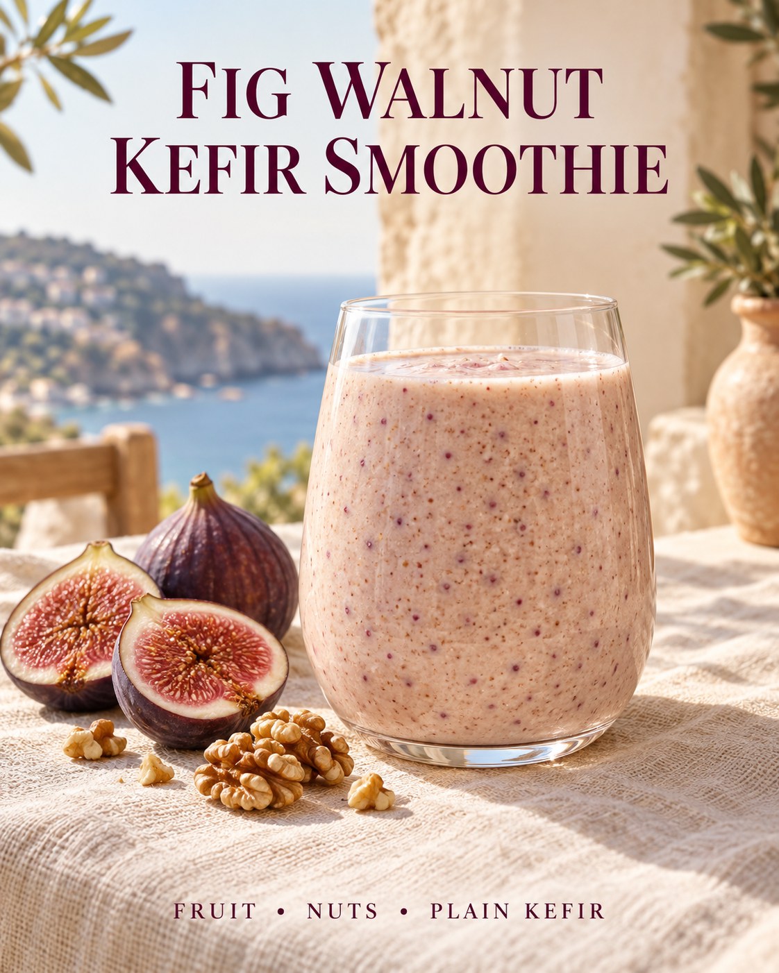 Soft beige-pink fig walnut kefir smoothie beside fresh fig halves and walnuts on a cream linen table, with a Fig Walnut Kefir headline.