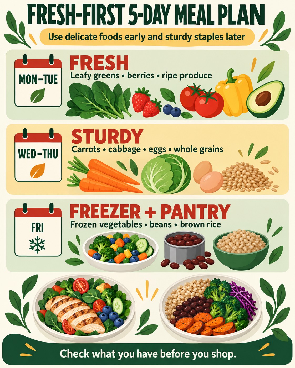 Green, red, gold, and cream infographic arranging a five-day meal plan into fresh, sturdy, and freezer-plus-pantry ingredient stages.