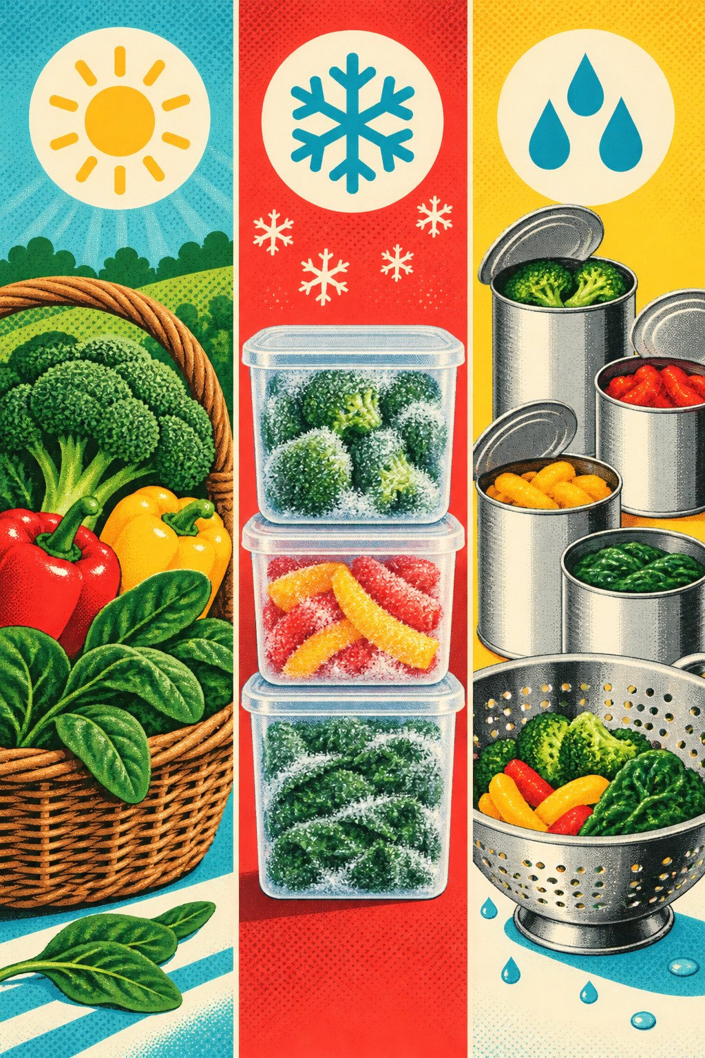 Pop-art triptych showing fresh vegetables, plain frozen vegetables, and unbranded canned vegetables being rinsed.