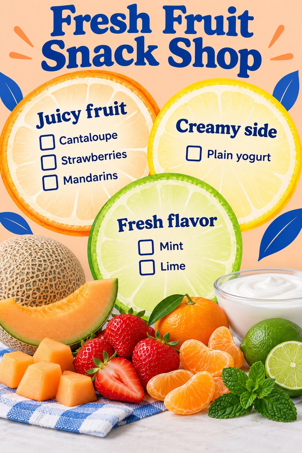 Peach and cobalt citrus-circle grocery list with cantaloupe, strawberries, mandarins, plain yogurt, mint and lime.