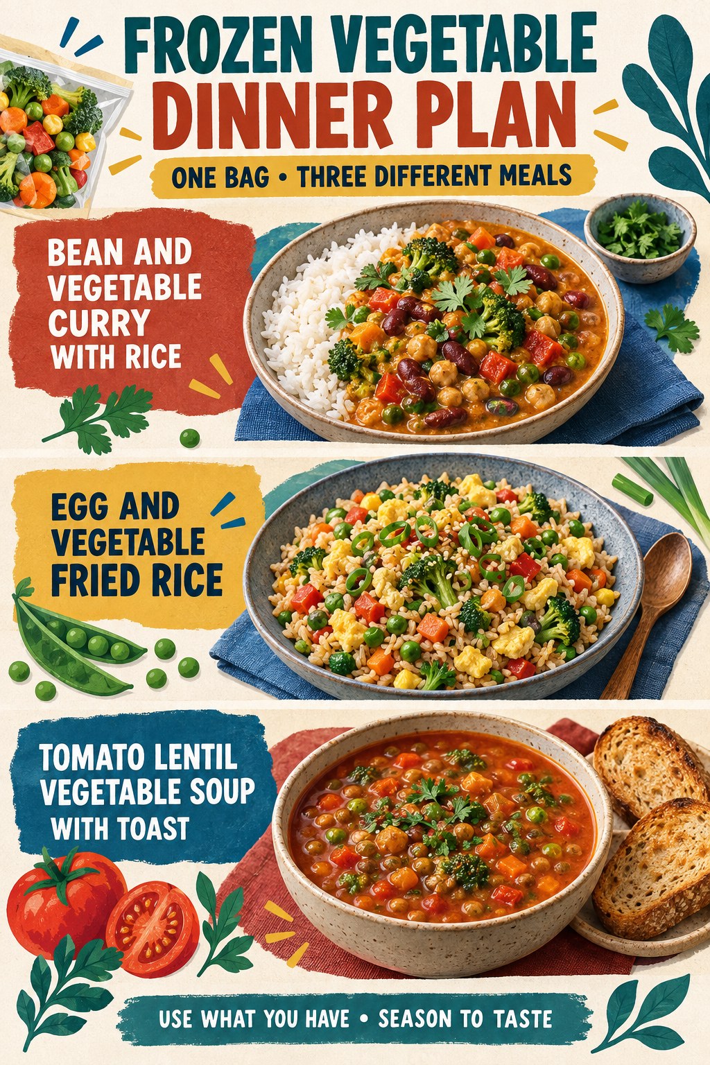 Portrait infographic showing bean vegetable curry with rice, egg vegetable fried rice, and tomato lentil vegetable soup with toast.