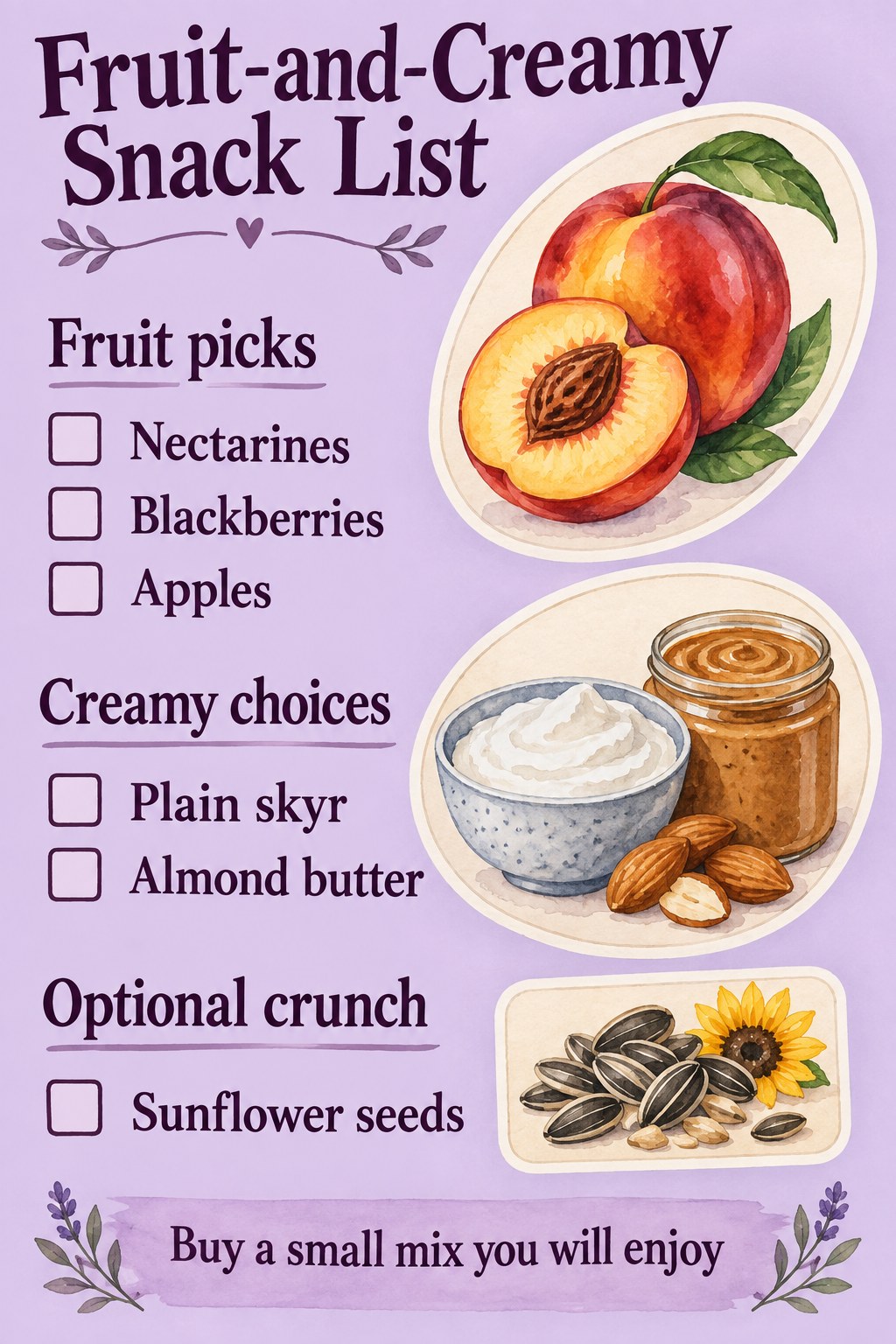 Lavender snack list with nectarines, blackberries, apples, plain skyr, almond butter and sunflower seeds.