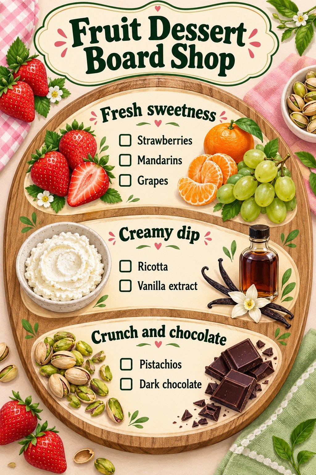 Pink and green dessert shopping board listing strawberries, mandarins, grapes, ricotta, vanilla, pistachios and dark chocolate.