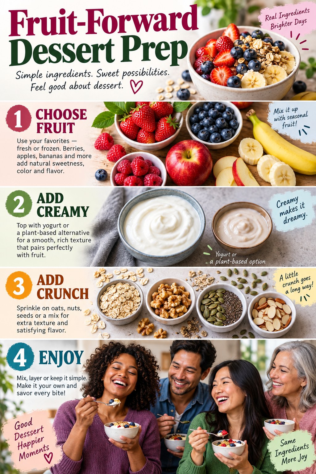 Portrait infographic showing fruit-forward dessert prep with berries, apples, bananas, yogurt, oats, nuts, and seeds in four steps.